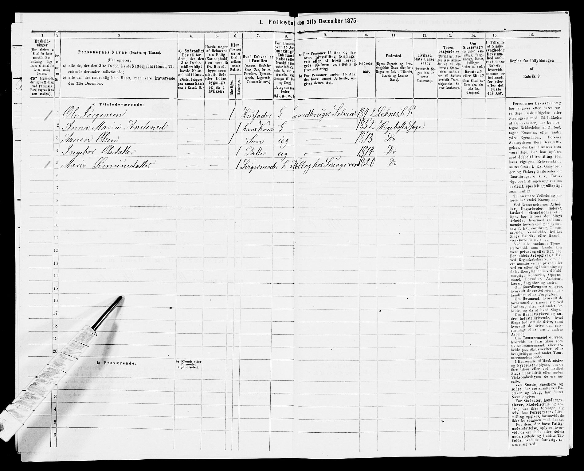 SAK, 1875 census for 1034P Hægebostad, 1875, p. 259