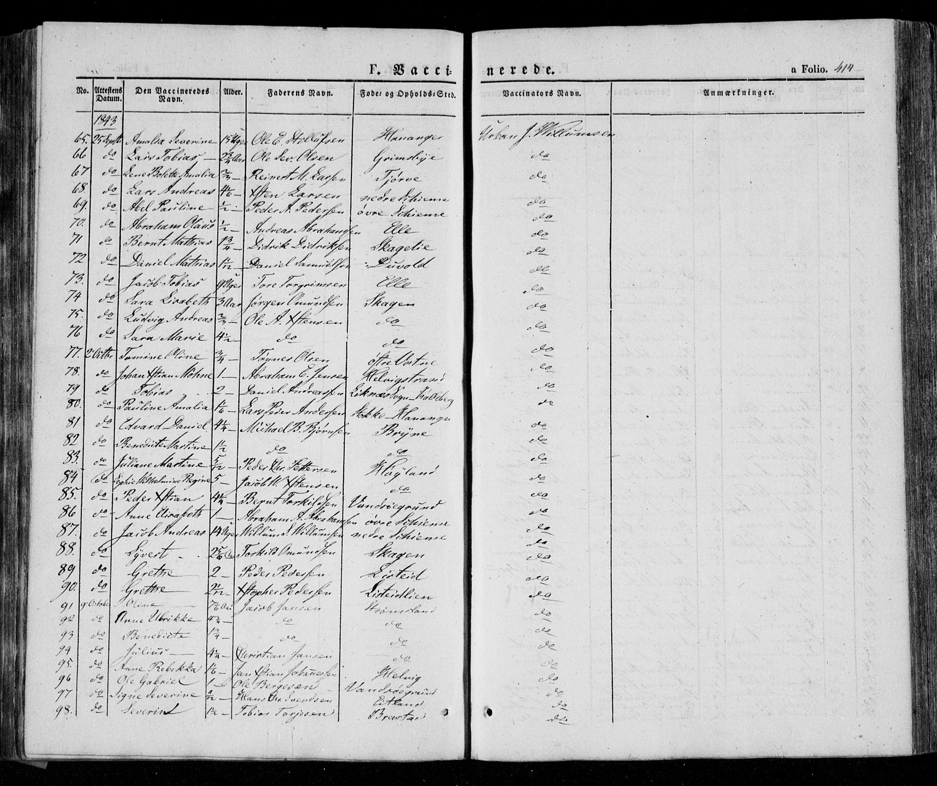 Lista sokneprestkontor, AV/SAK-1111-0027/F/Fa/L0009: Parish register (official) no. A 9, 1835-1846, p. 414