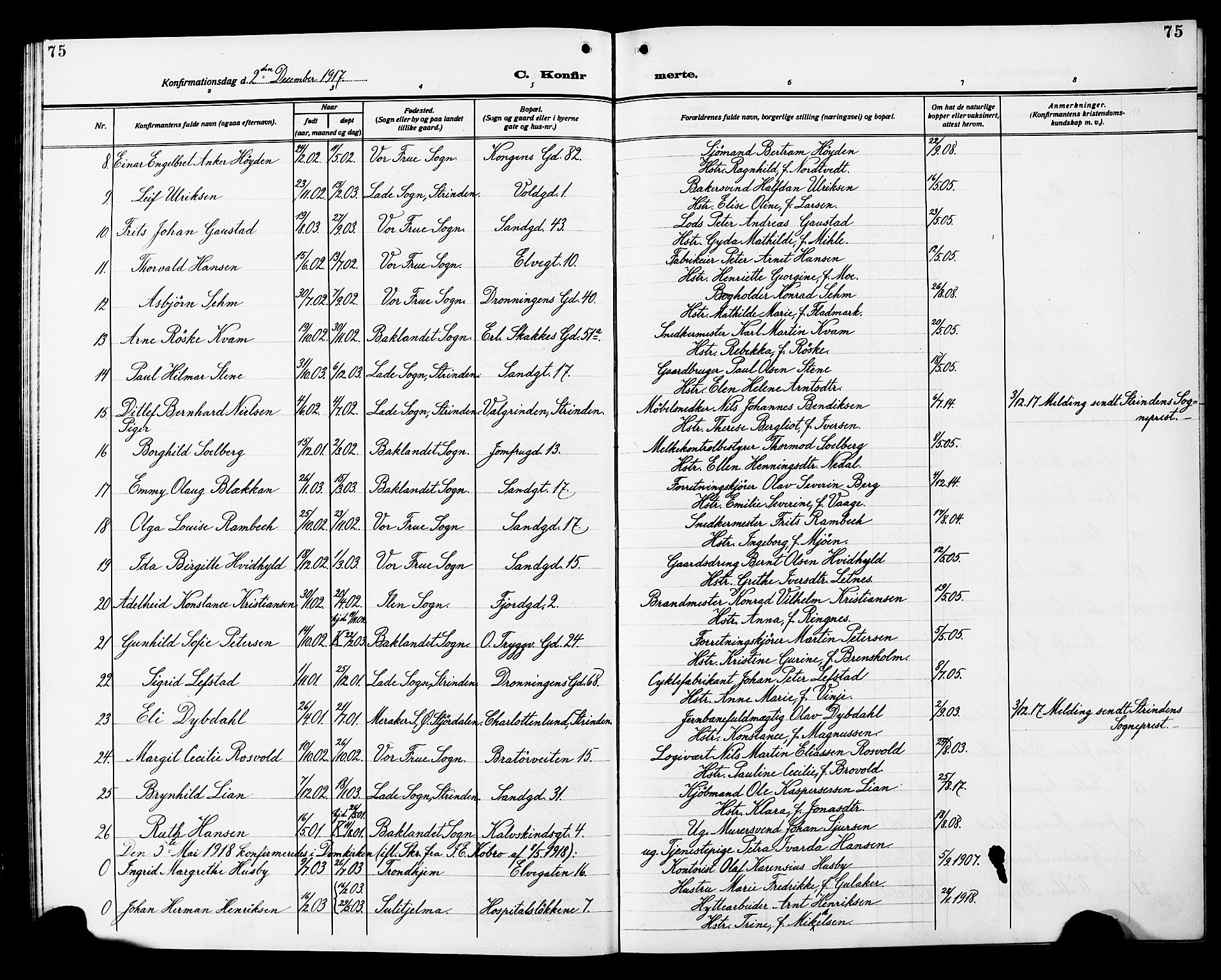 Ministerialprotokoller, klokkerbøker og fødselsregistre - Sør-Trøndelag, SAT/A-1456/602/L0147: Parish register (copy) no. 602C15, 1911-1924, p. 75