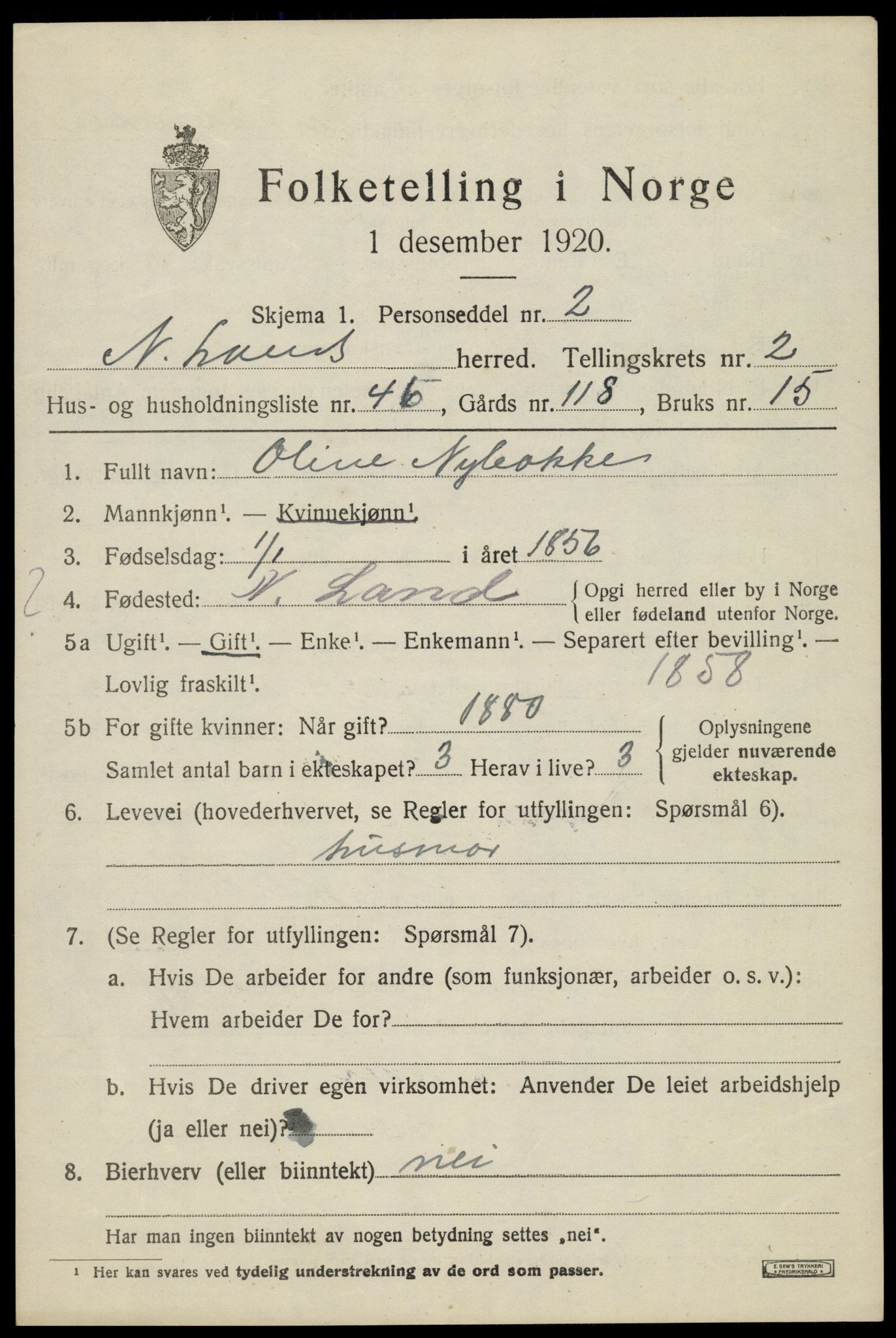 SAH, 1920 census for Nordre Land, 1920, p. 2072