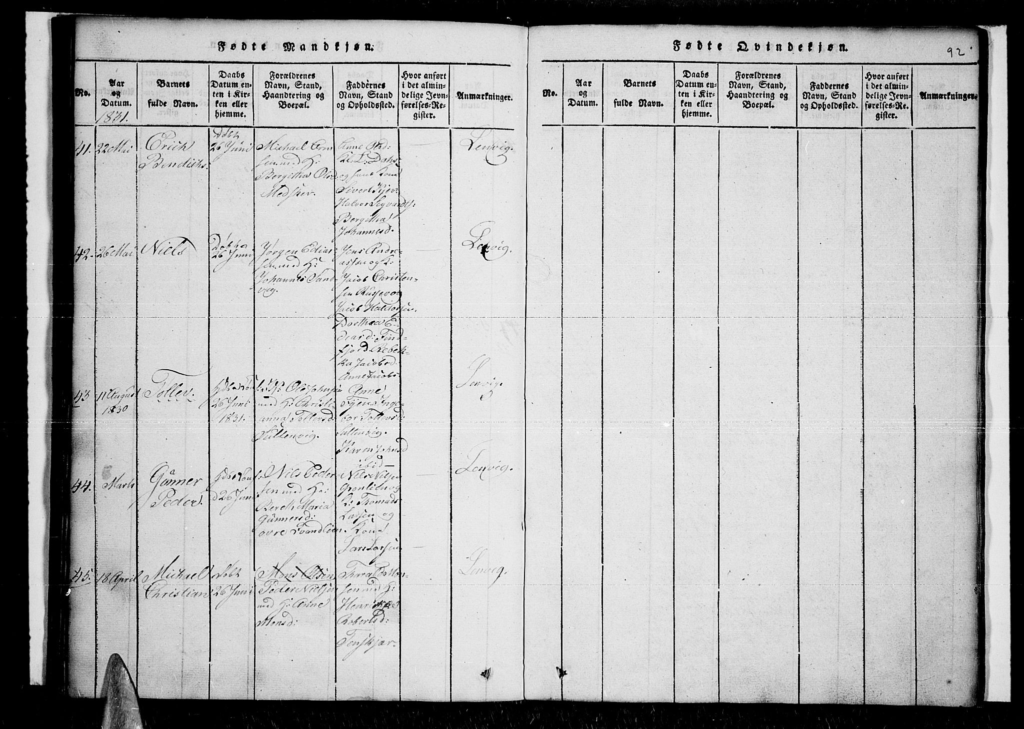 Lenvik sokneprestembete, AV/SATØ-S-1310/H/Ha/Haa/L0003kirke: Parish register (official) no. 3, 1820-1831, p. 92