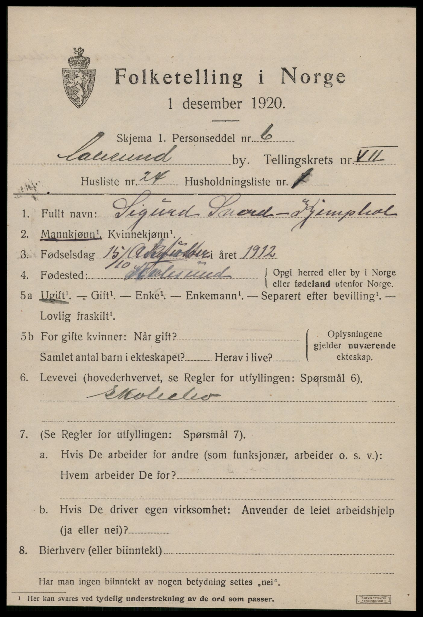 SAT, 1920 census for Ålesund, 1920, p. 19890