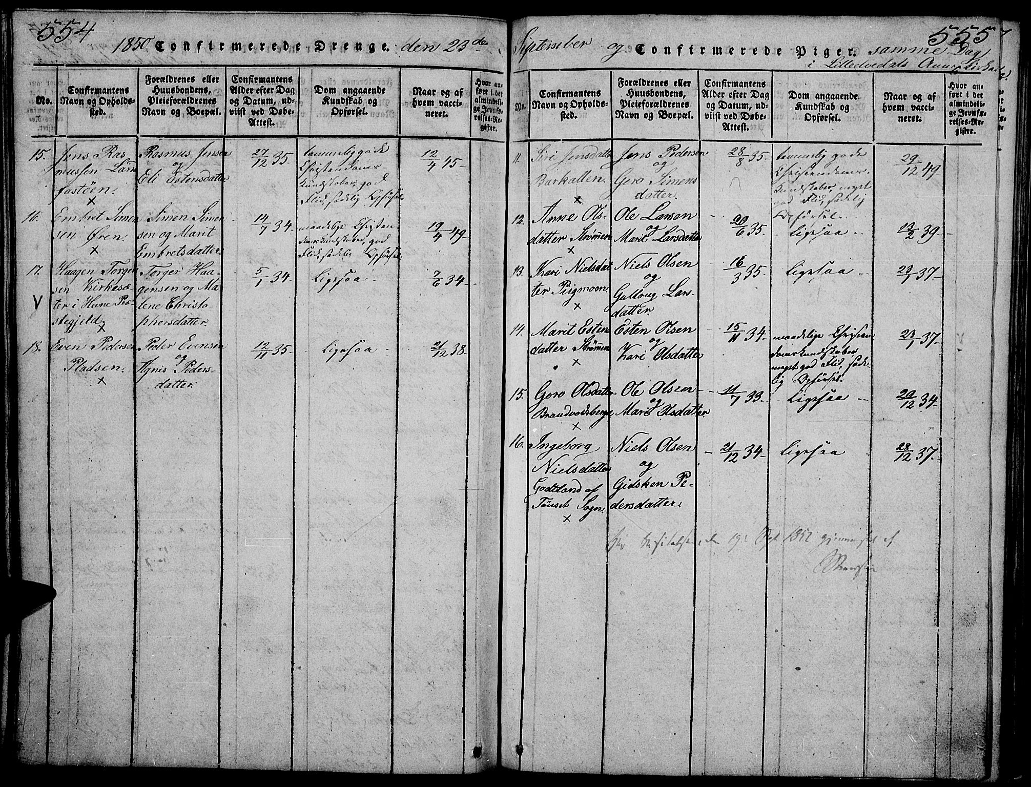 Tynset prestekontor, AV/SAH-PREST-058/H/Ha/Hab/L0002: Parish register (copy) no. 2, 1814-1862, p. 554-555