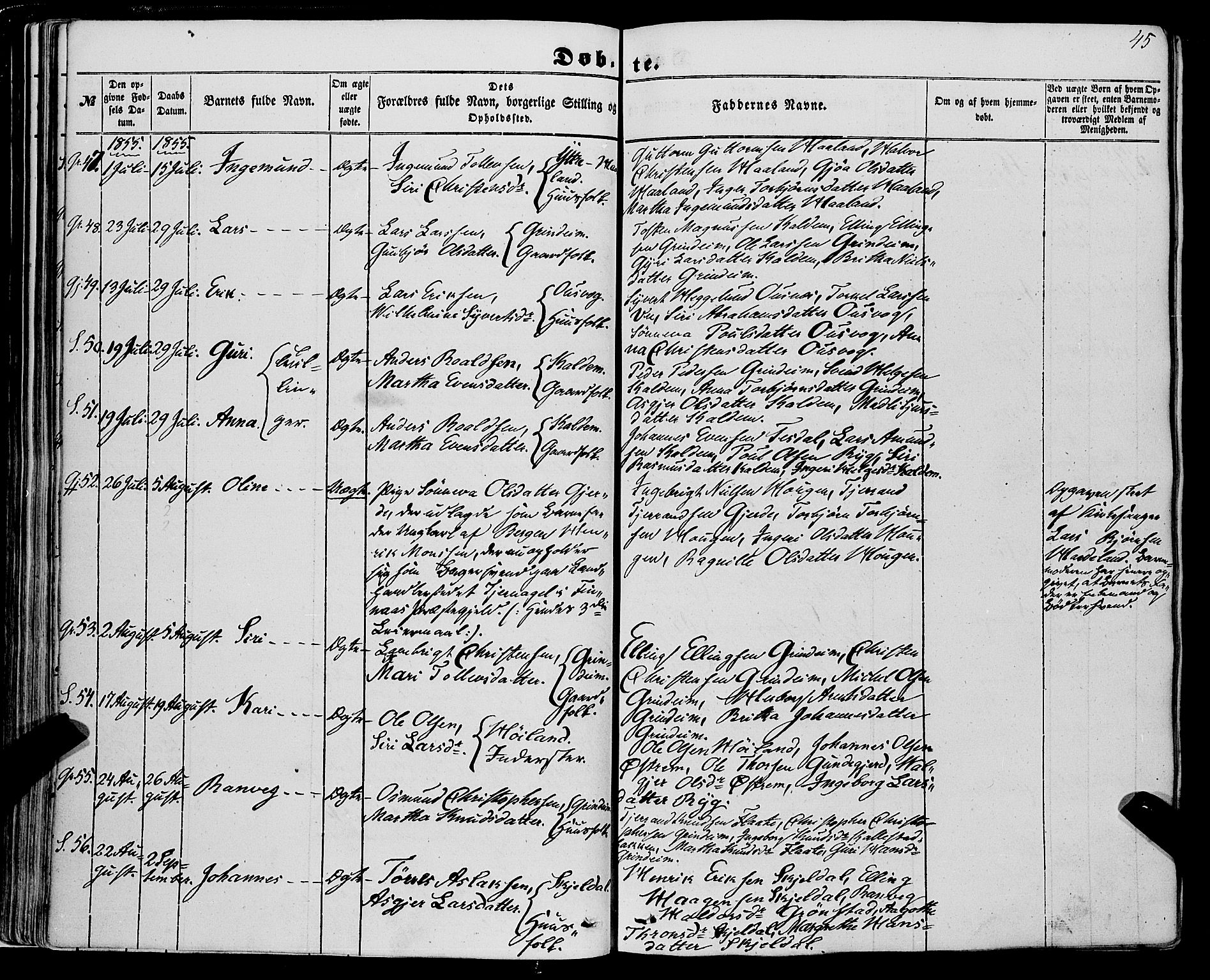 Etne sokneprestembete, AV/SAB-A-75001/H/Haa: Parish register (official) no. A 8, 1848-1862, p. 45