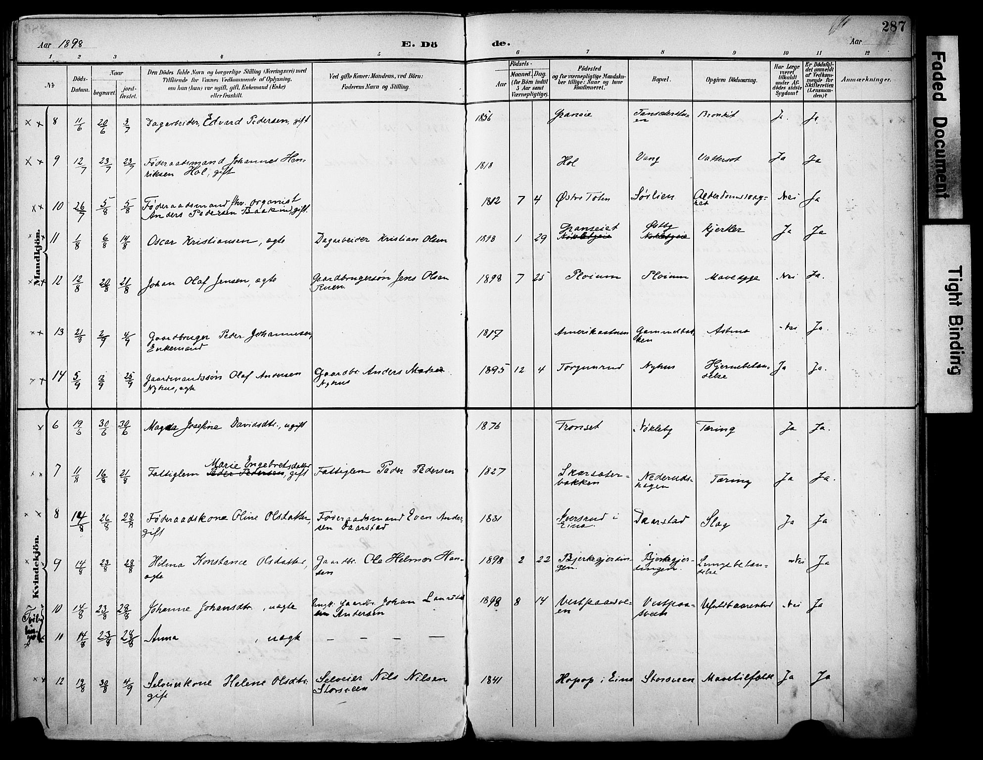 Vestre Toten prestekontor, SAH/PREST-108/H/Ha/Haa/L0013: Parish register (official) no. 13, 1895-1911, p. 287