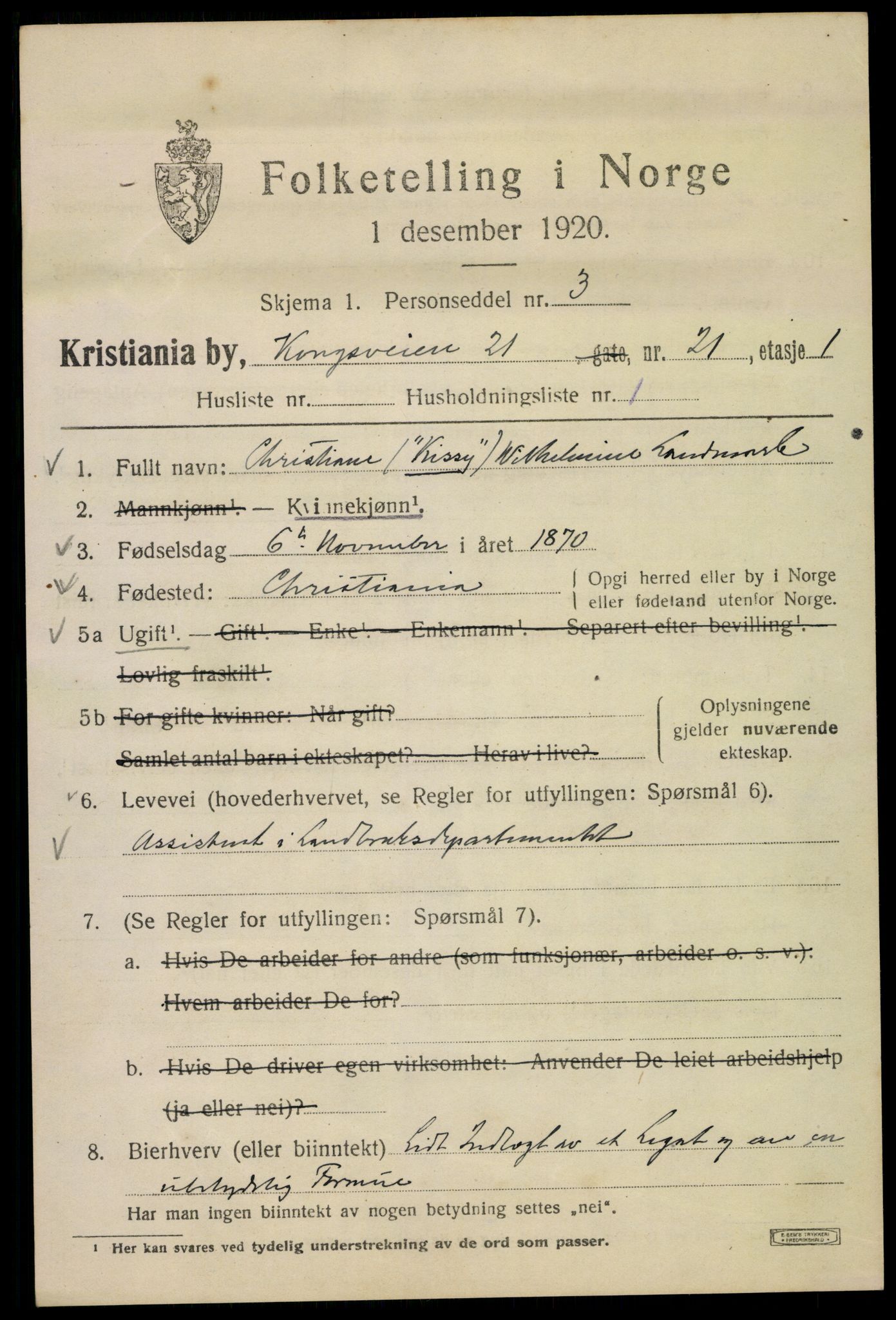 SAO, 1920 census for Kristiania, 1920, p. 348009