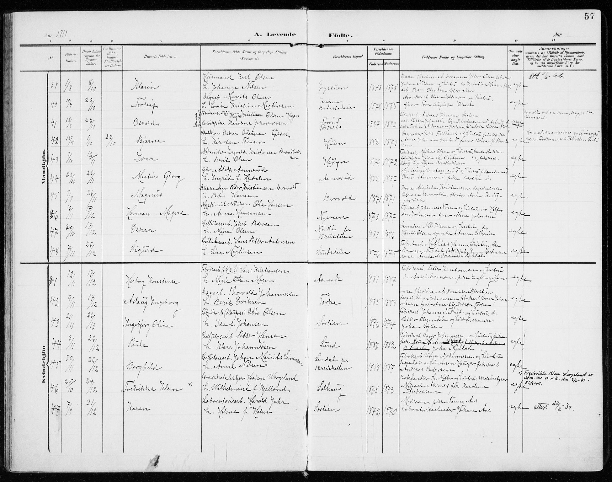 Vardal prestekontor, AV/SAH-PREST-100/H/Ha/Haa/L0016: Parish register (official) no. 16, 1904-1916, p. 57