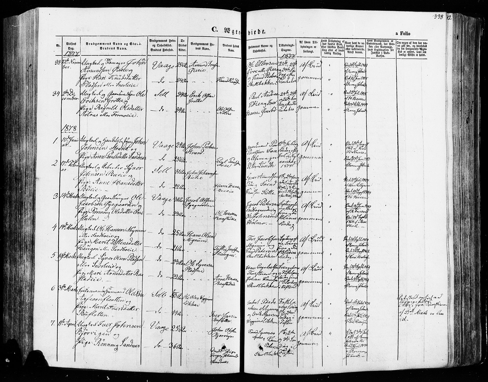 Vågå prestekontor, SAH/PREST-076/H/Ha/Haa/L0007: Parish register (official) no. 7 /1, 1872-1886, p. 338