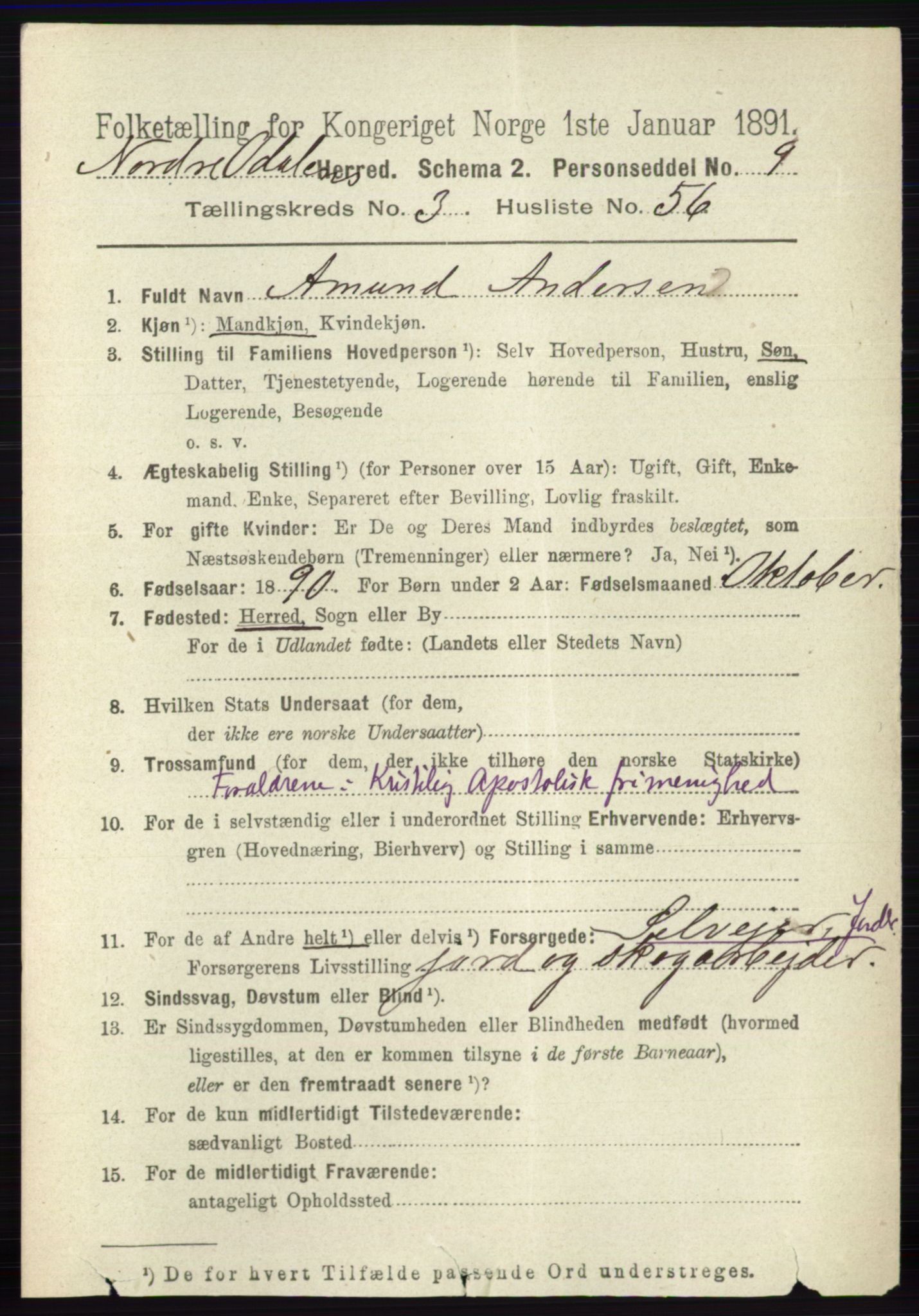 RA, 1891 census for 0418 Nord-Odal, 1891, p. 1226