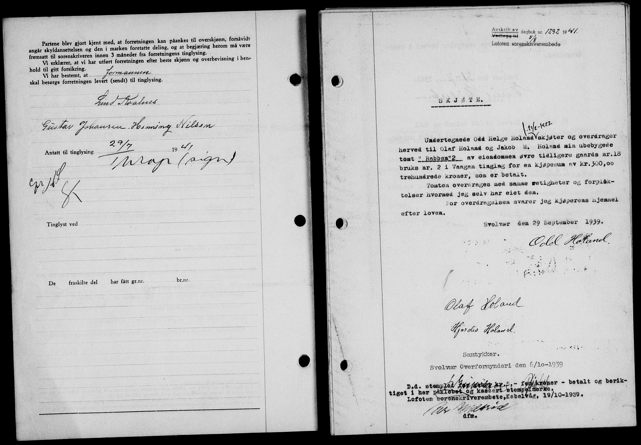 Lofoten sorenskriveri, SAT/A-0017/1/2/2C/L0008a: Mortgage book no. 8a, 1940-1941, Diary no: : 1292/1941