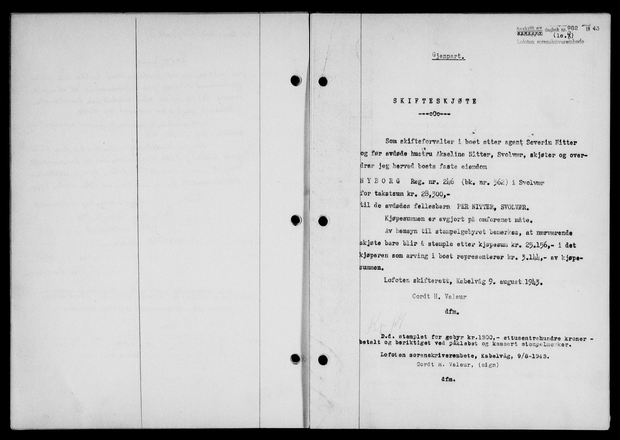 Lofoten sorenskriveri, SAT/A-0017/1/2/2C/L0011a: Mortgage book no. 11a, 1943-1943, Diary no: : 982/1943