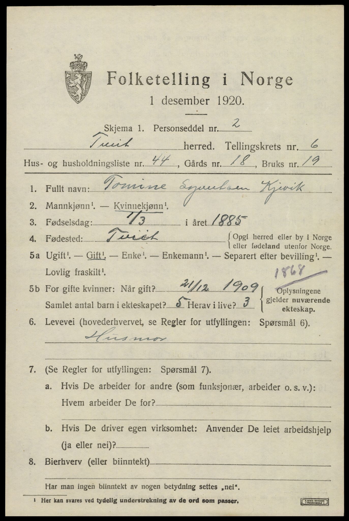 SAK, 1920 census for Tveit, 1920, p. 3182