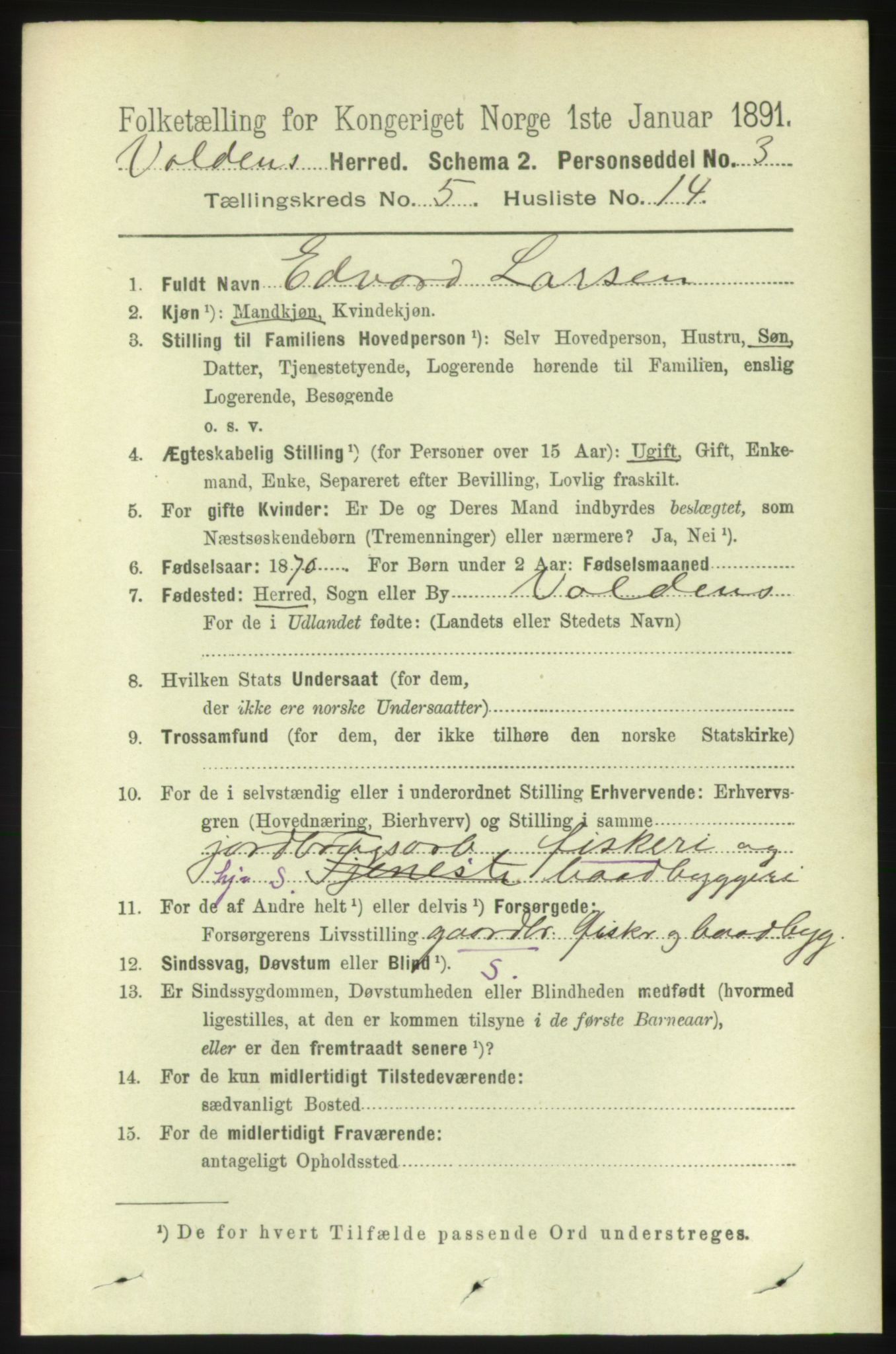 RA, 1891 census for 1519 Volda, 1891, p. 2393