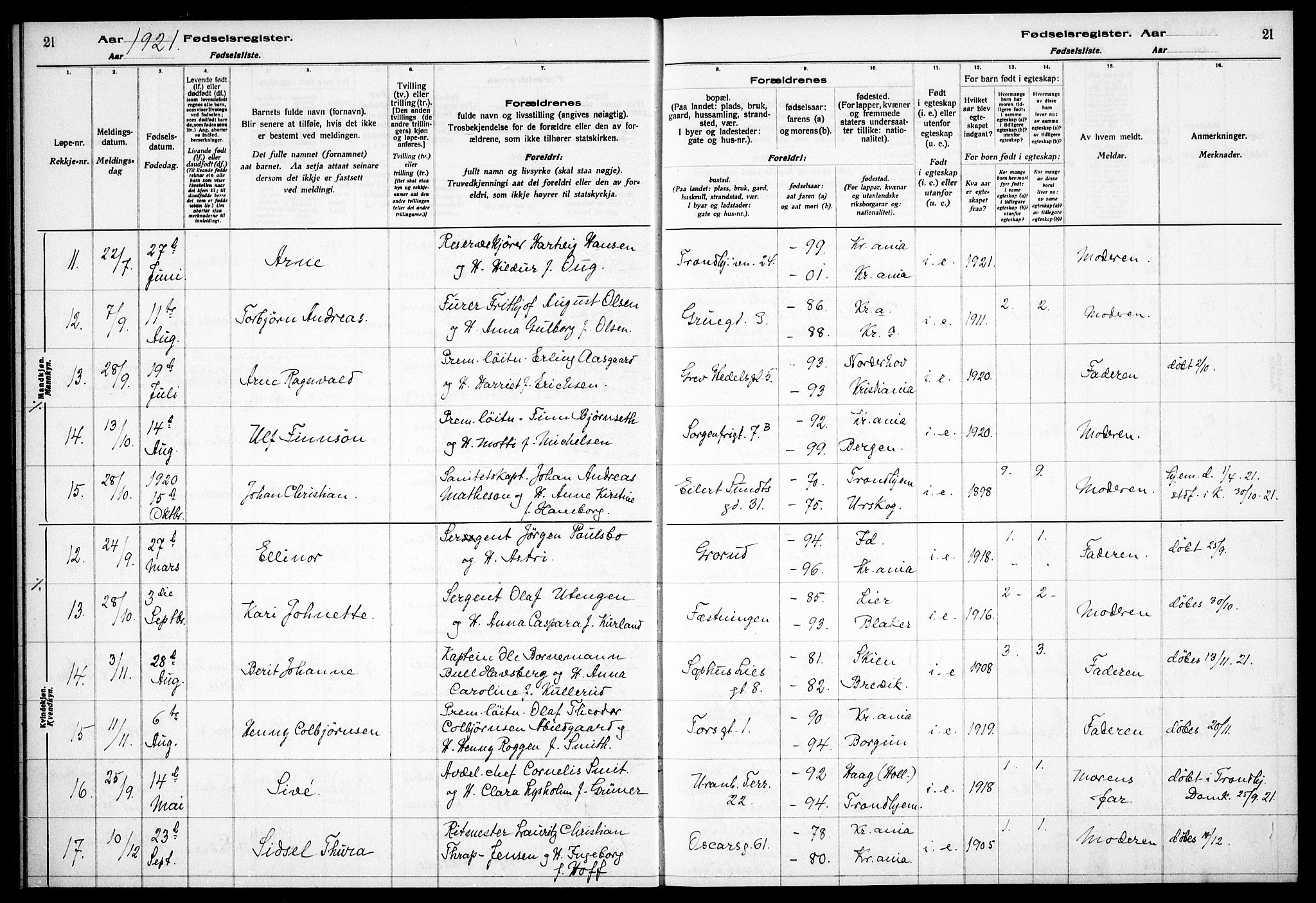 Garnisonsmenigheten Kirkebøker, AV/SAO-A-10846/J/Ja/L0001: Birth register no. 1, 1916-1938, p. 21