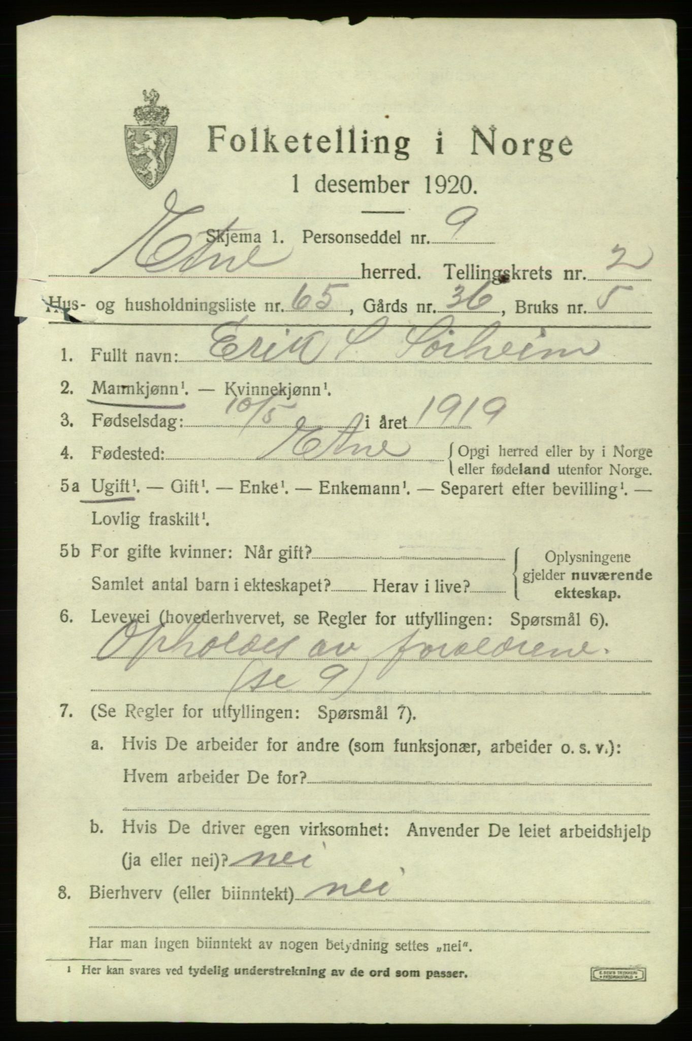 SAB, 1920 census for Etne, 1920, p. 1749