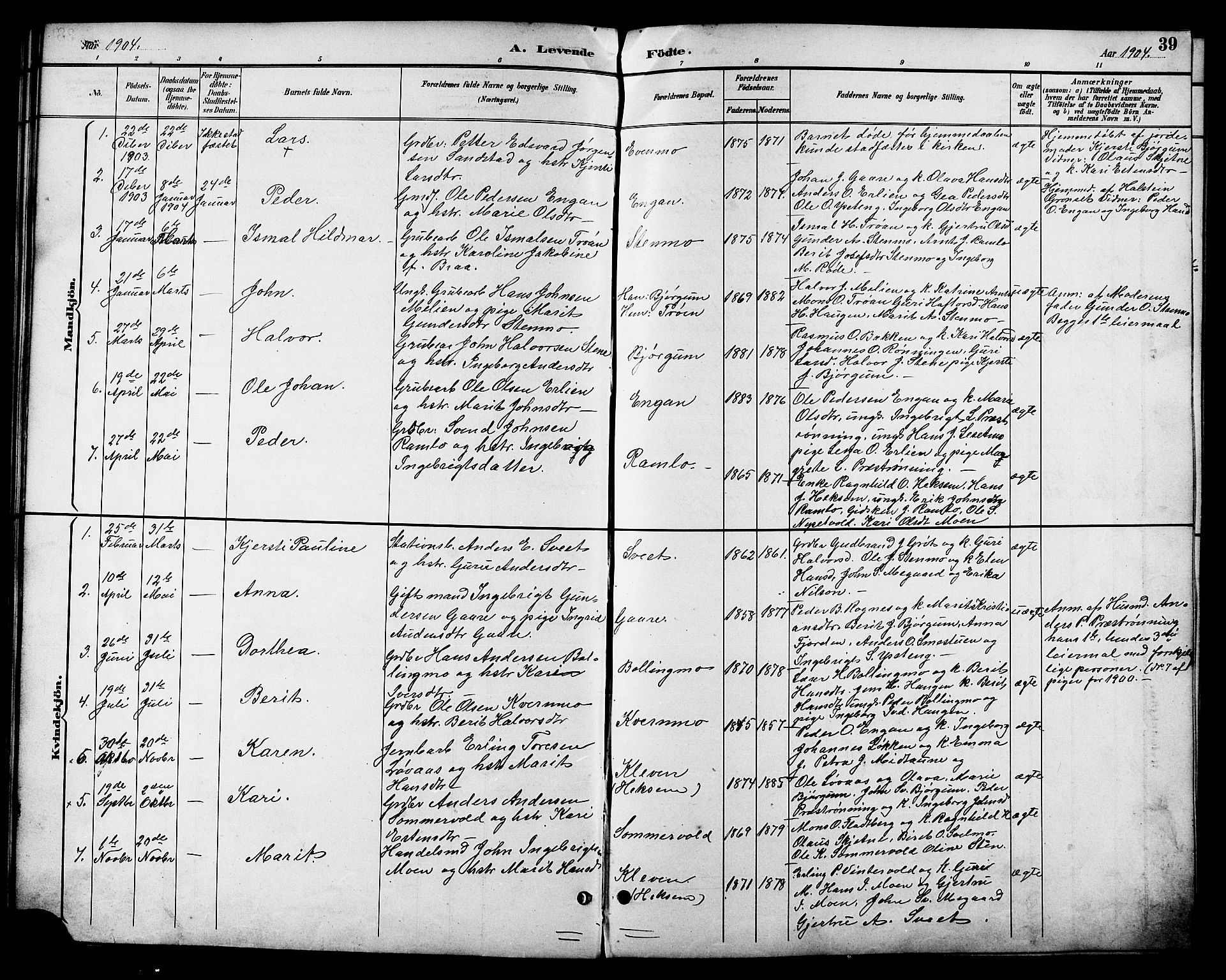 Ministerialprotokoller, klokkerbøker og fødselsregistre - Sør-Trøndelag, AV/SAT-A-1456/685/L0978: Parish register (copy) no. 685C03, 1891-1907, p. 39