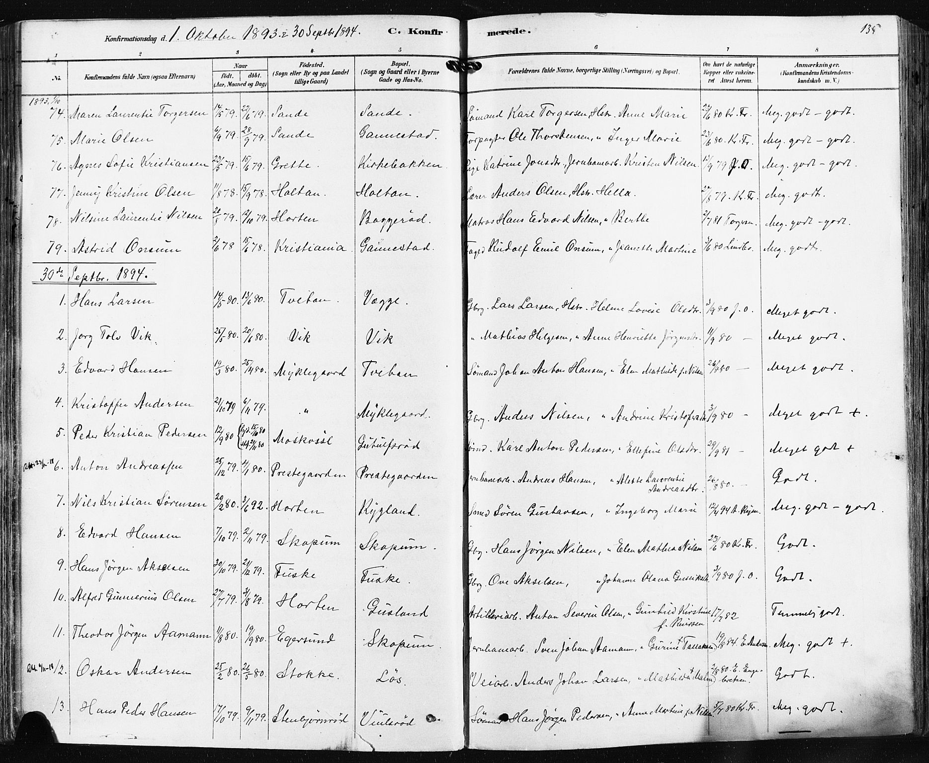 Borre kirkebøker, SAKO/A-338/F/Fa/L0009: Parish register (official) no. I 9, 1878-1896, p. 135