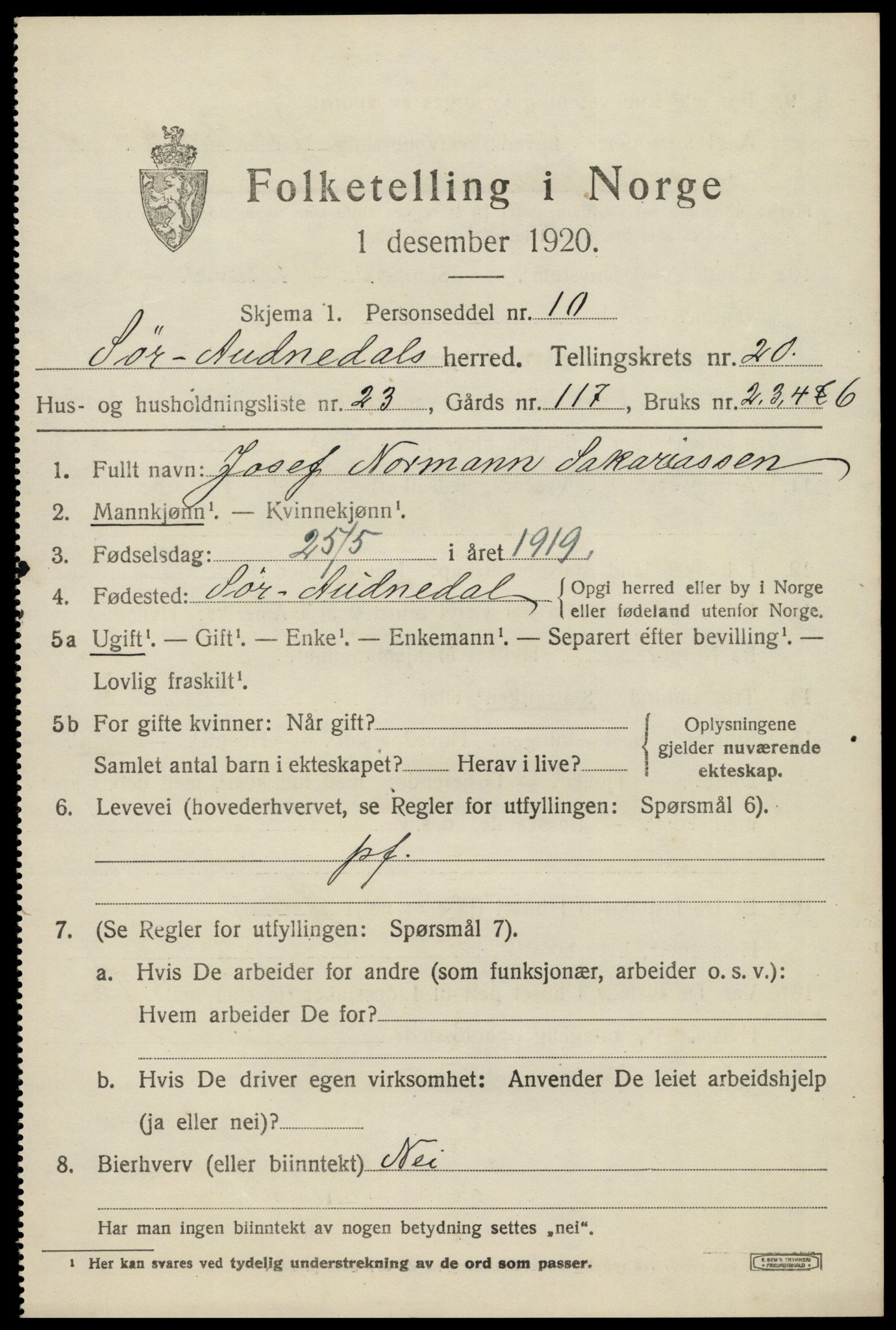 SAK, 1920 census for Sør-Audnedal, 1920, p. 6911