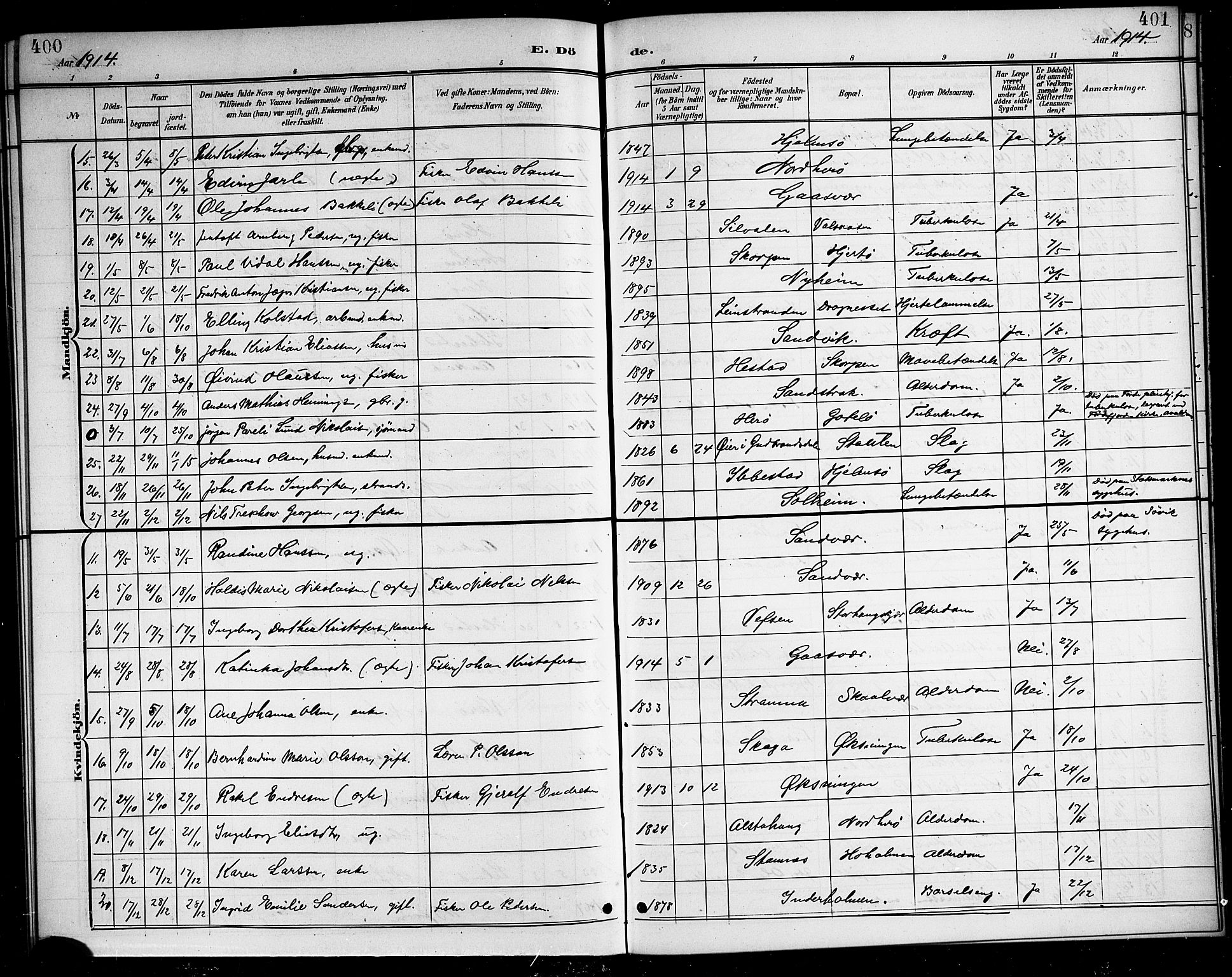 Ministerialprotokoller, klokkerbøker og fødselsregistre - Nordland, AV/SAT-A-1459/834/L0516: Parish register (copy) no. 834C06, 1902-1918, p. 400-401