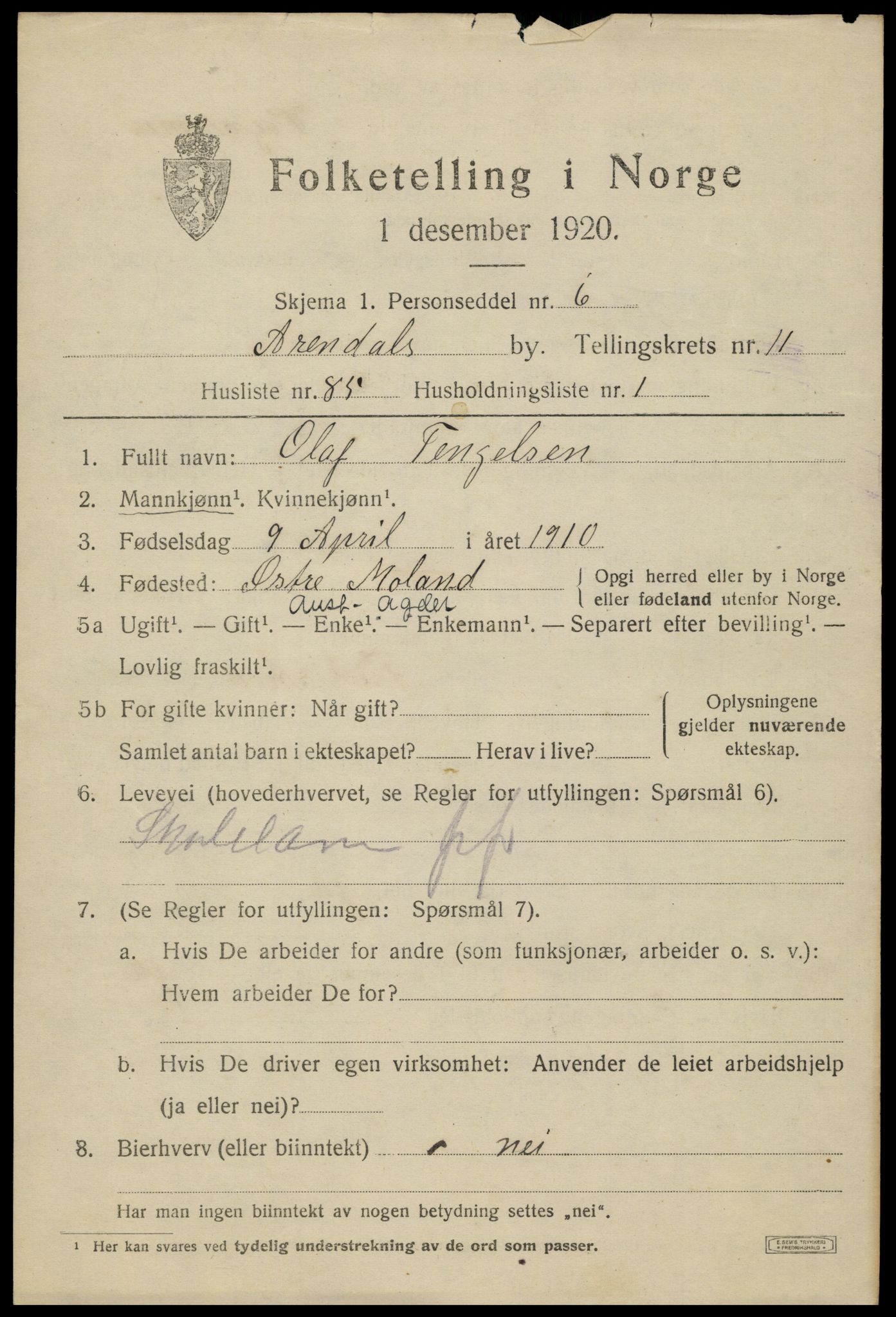 SAK, 1920 census for Arendal, 1920, p. 19048