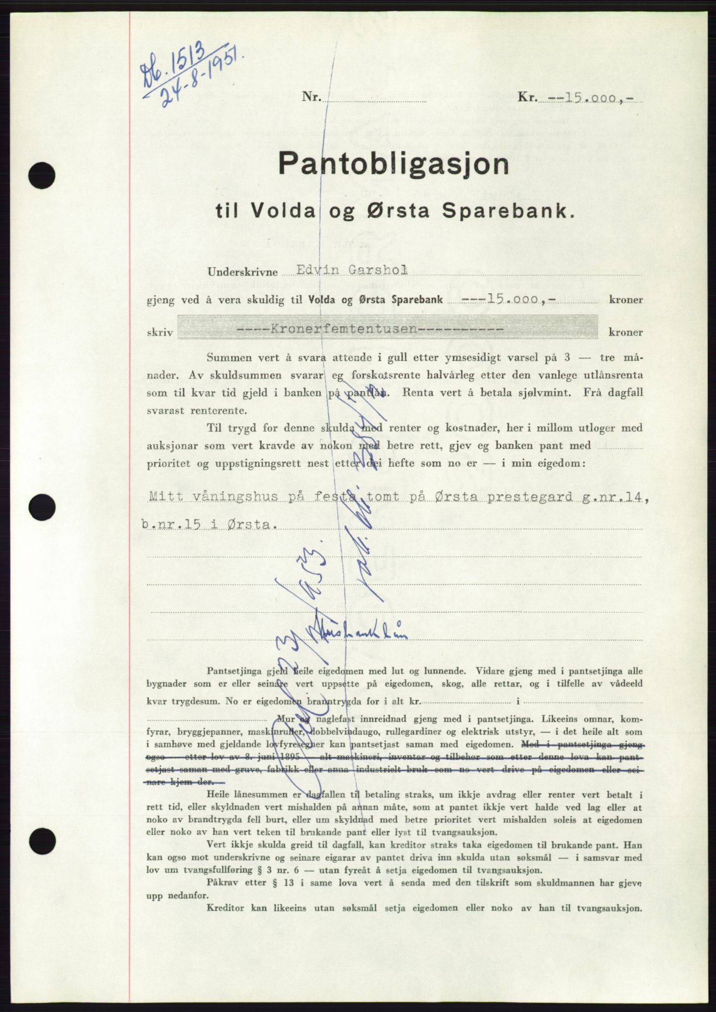 Søre Sunnmøre sorenskriveri, AV/SAT-A-4122/1/2/2C/L0120: Mortgage book no. 8B, 1951-1951, Diary no: : 1513/1951