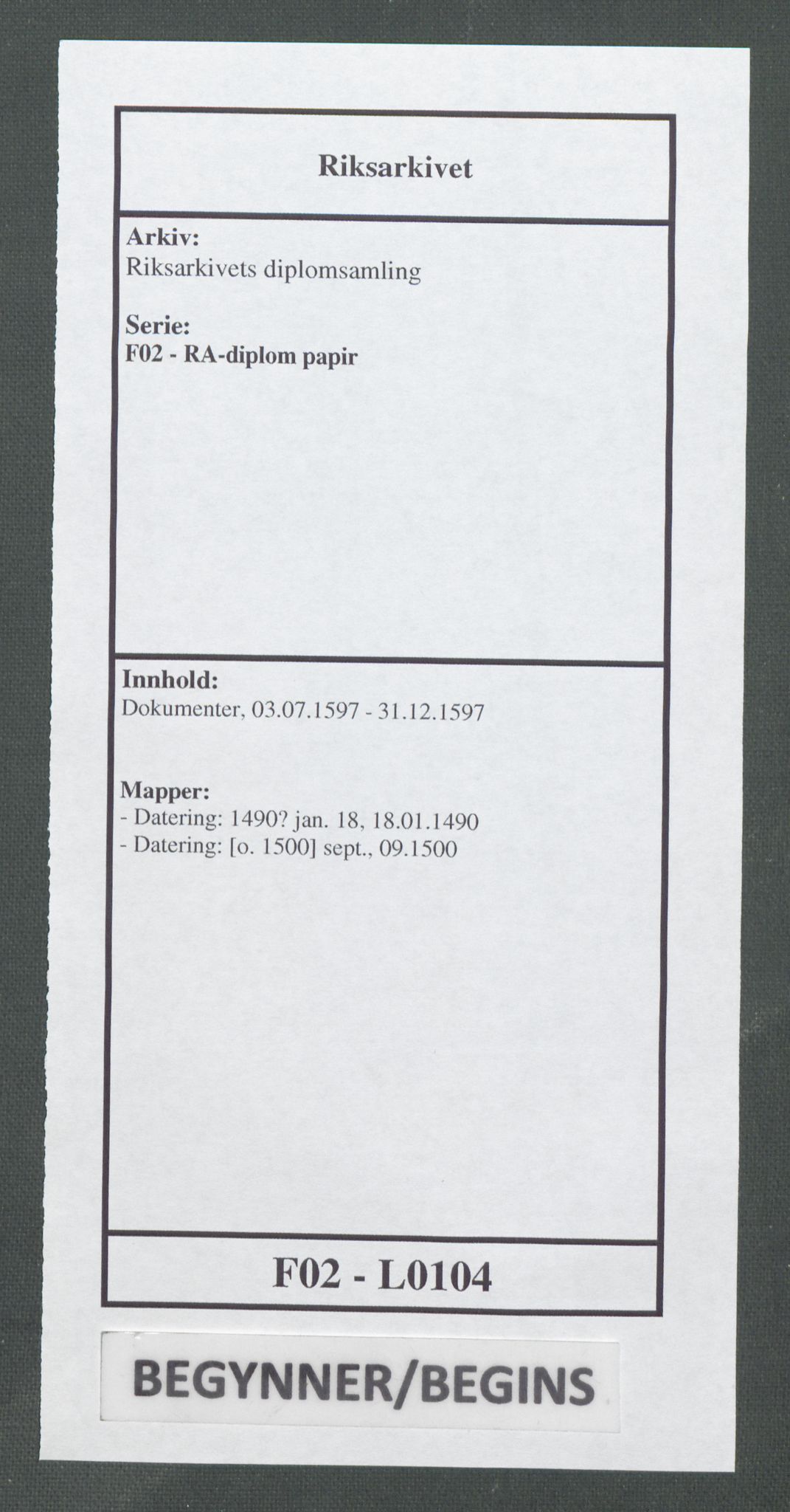 Riksarkivets diplomsamling, RA/EA-5965/F02/L0104: Dokumenter, 1597, p. 1