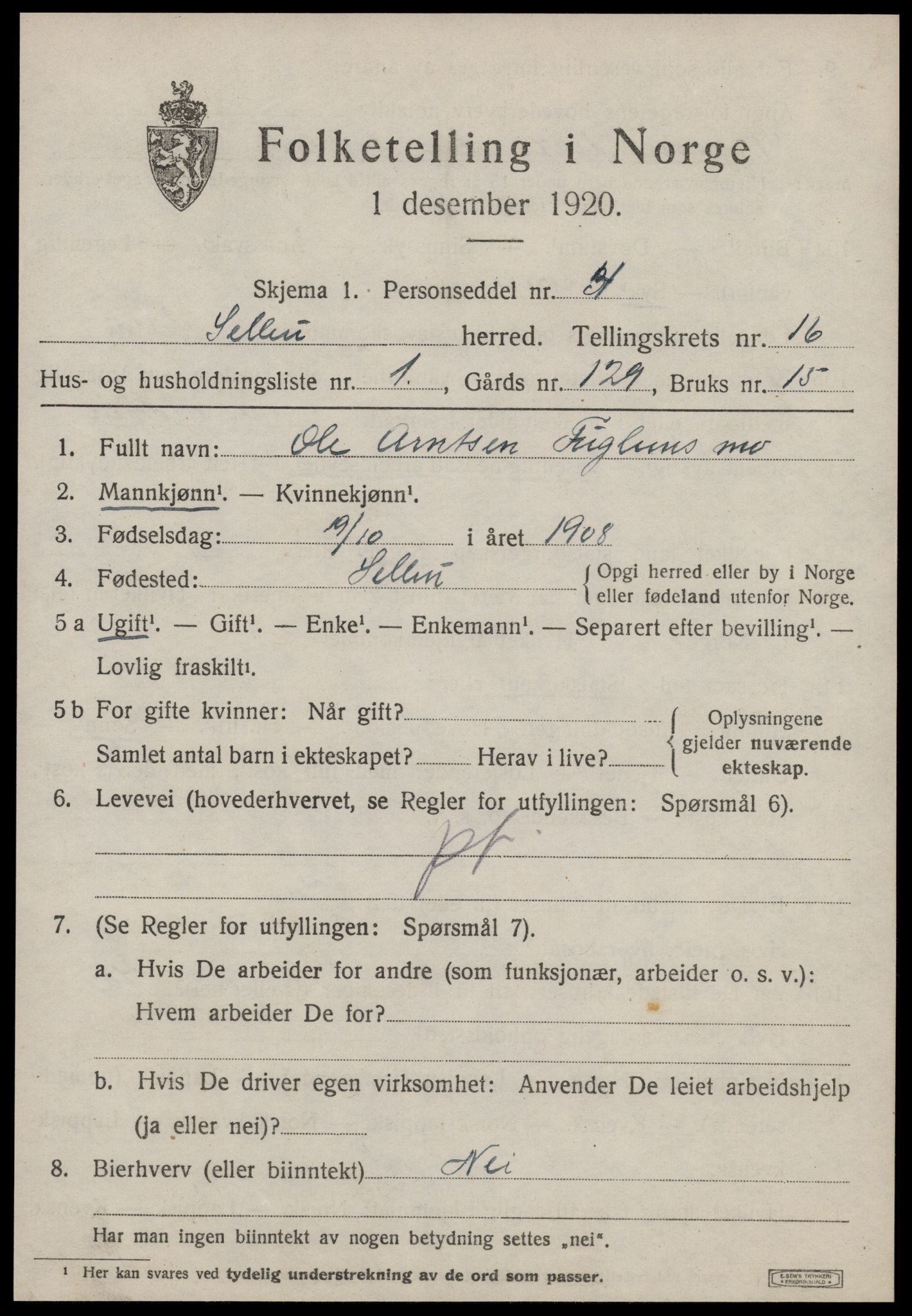 SAT, 1920 census for Selbu, 1920, p. 8500