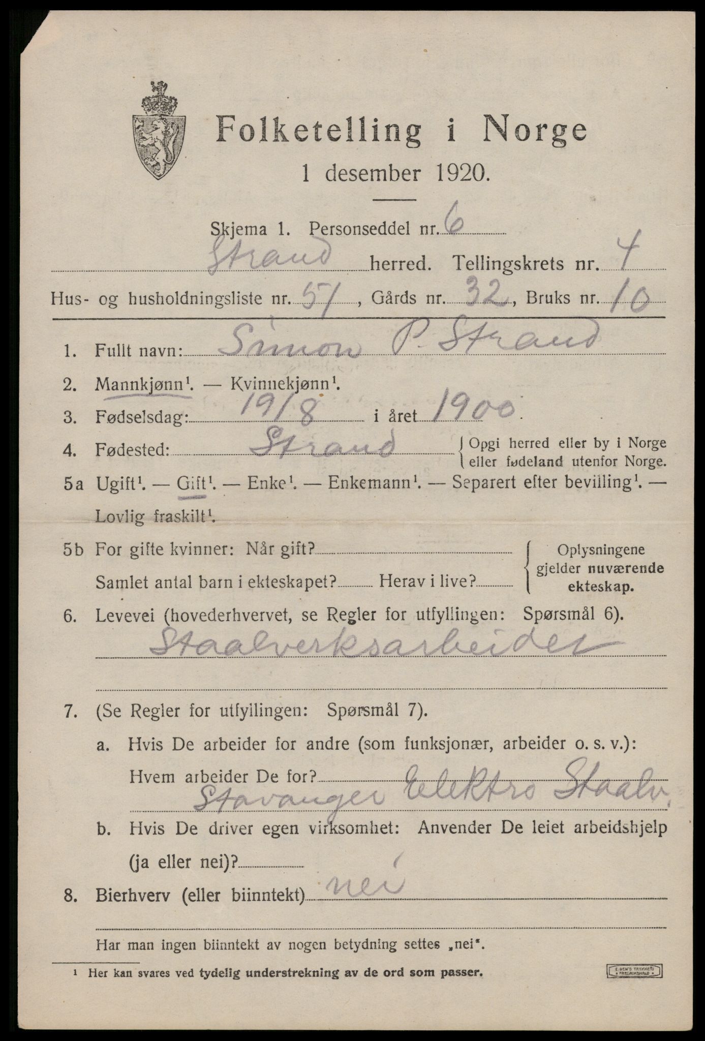 SAST, 1920 census for Strand, 1920, p. 3546