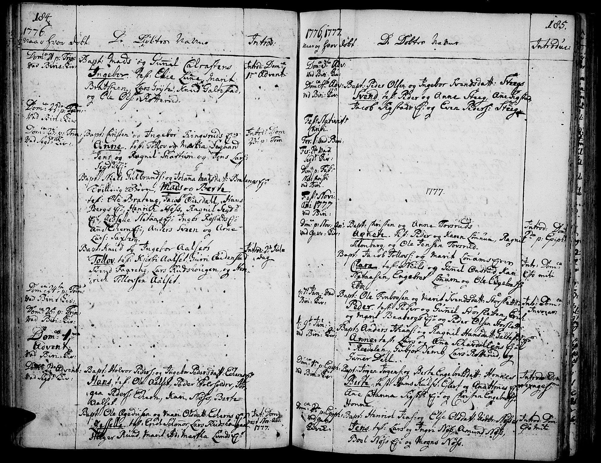 Biri prestekontor, SAH/PREST-096/H/Ha/Haa/L0002: Parish register (official) no. 2, 1754-1789, p. 184-185