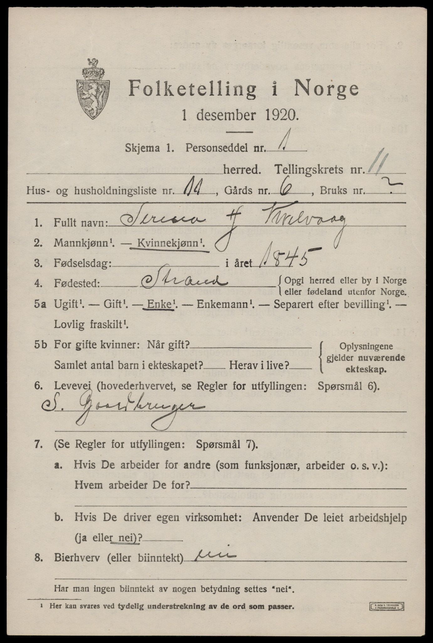 SAST, 1920 census for Strand, 1920, p. 7167