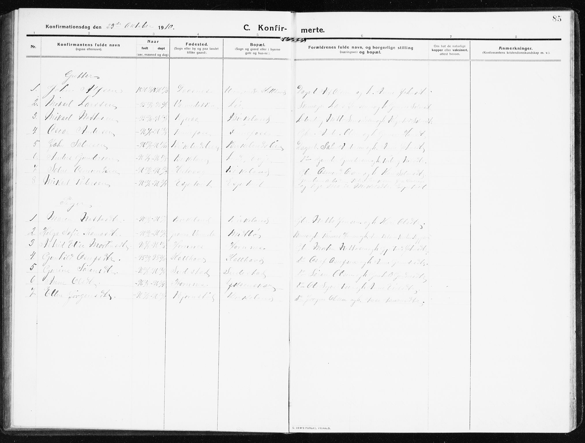 Evje sokneprestkontor, SAK/1111-0008/F/Fb/Fbb/L0003: Parish register (copy) no. B 3, 1910-1933, p. 85
