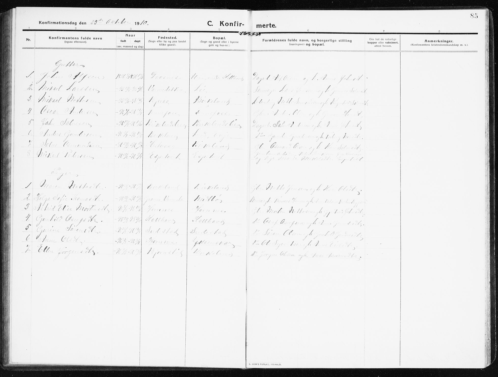 Evje sokneprestkontor, AV/SAK-1111-0008/F/Fb/Fbb/L0003: Parish register (copy) no. B 3, 1910-1933, p. 85