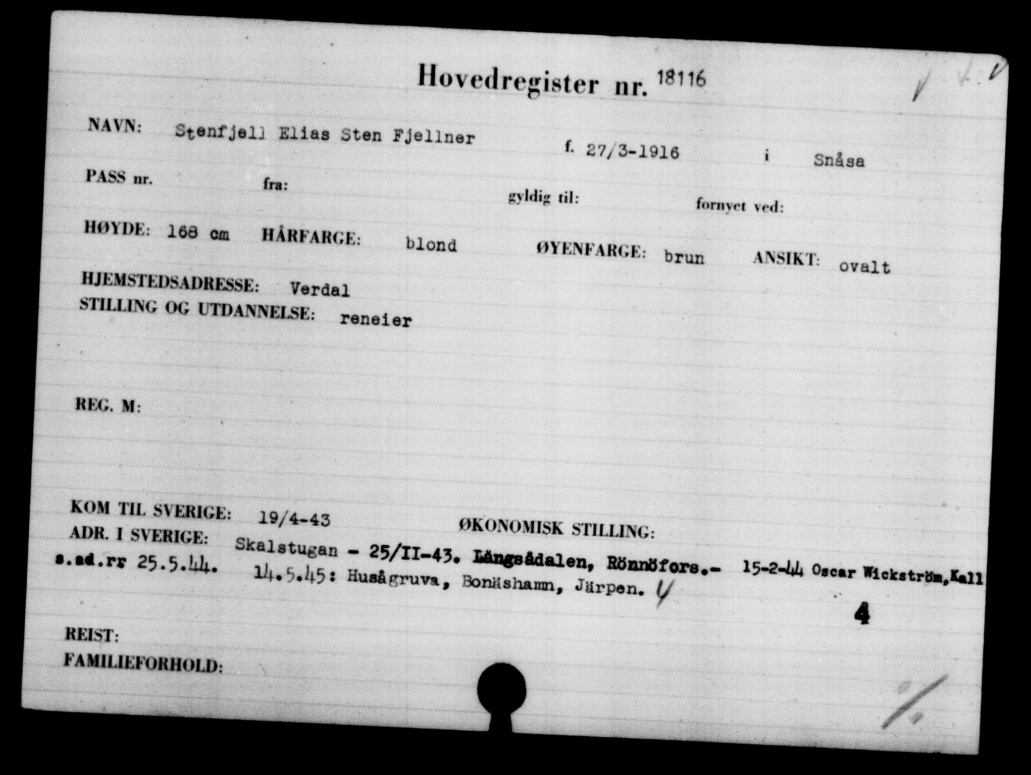 Utenriksstasjonene, Legasjonen i Stockholm, Flyktningkontoret, AV/RA-S-6753/V/Va/L0008: Kjesäterkartoteket, flyktninger med registreringsnr. 15700-18547, 1940-1945, p. 2700