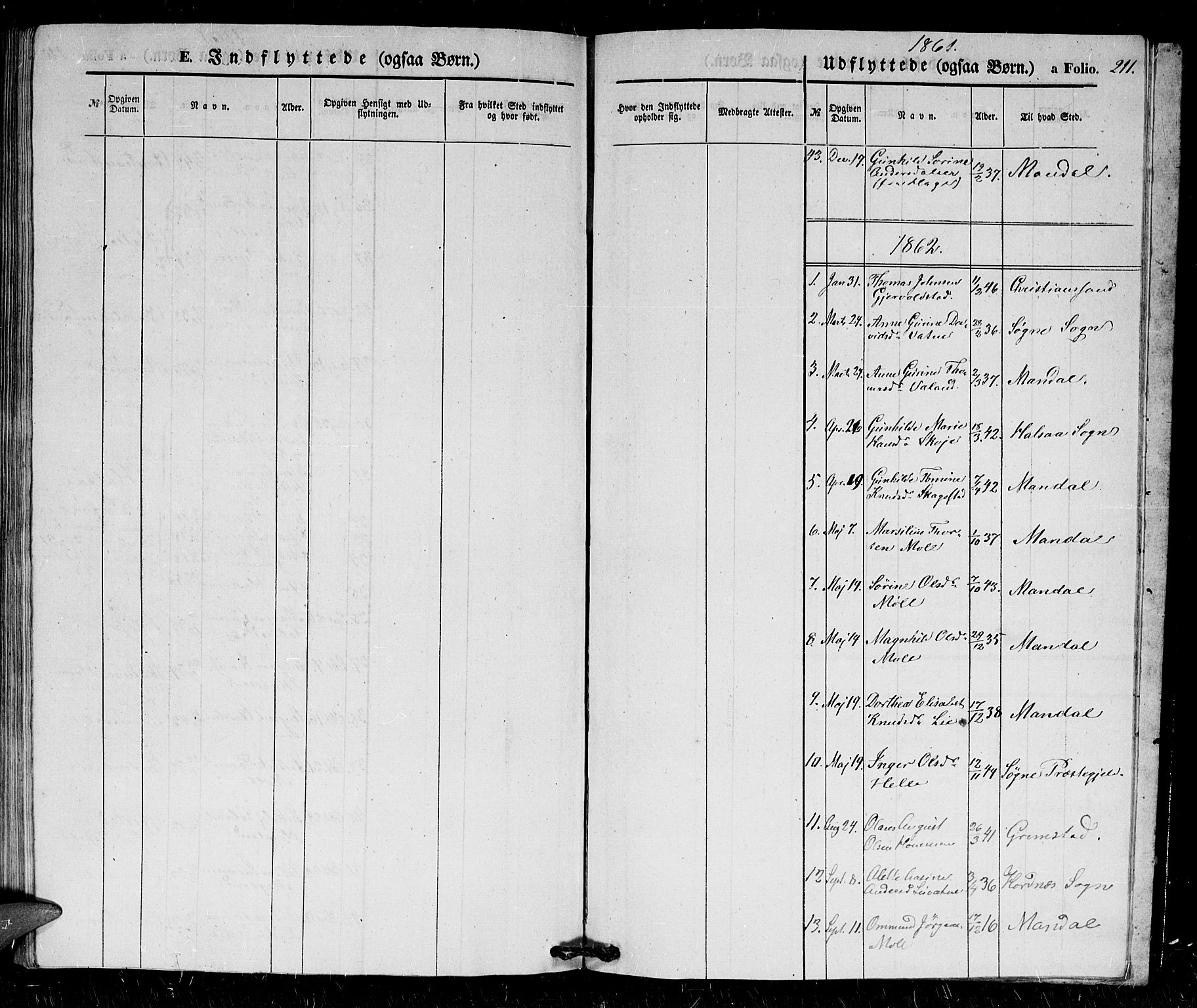 Holum sokneprestkontor, AV/SAK-1111-0022/F/Fb/Fba/L0003: Parish register (copy) no. B 3, 1850-1866, p. 211