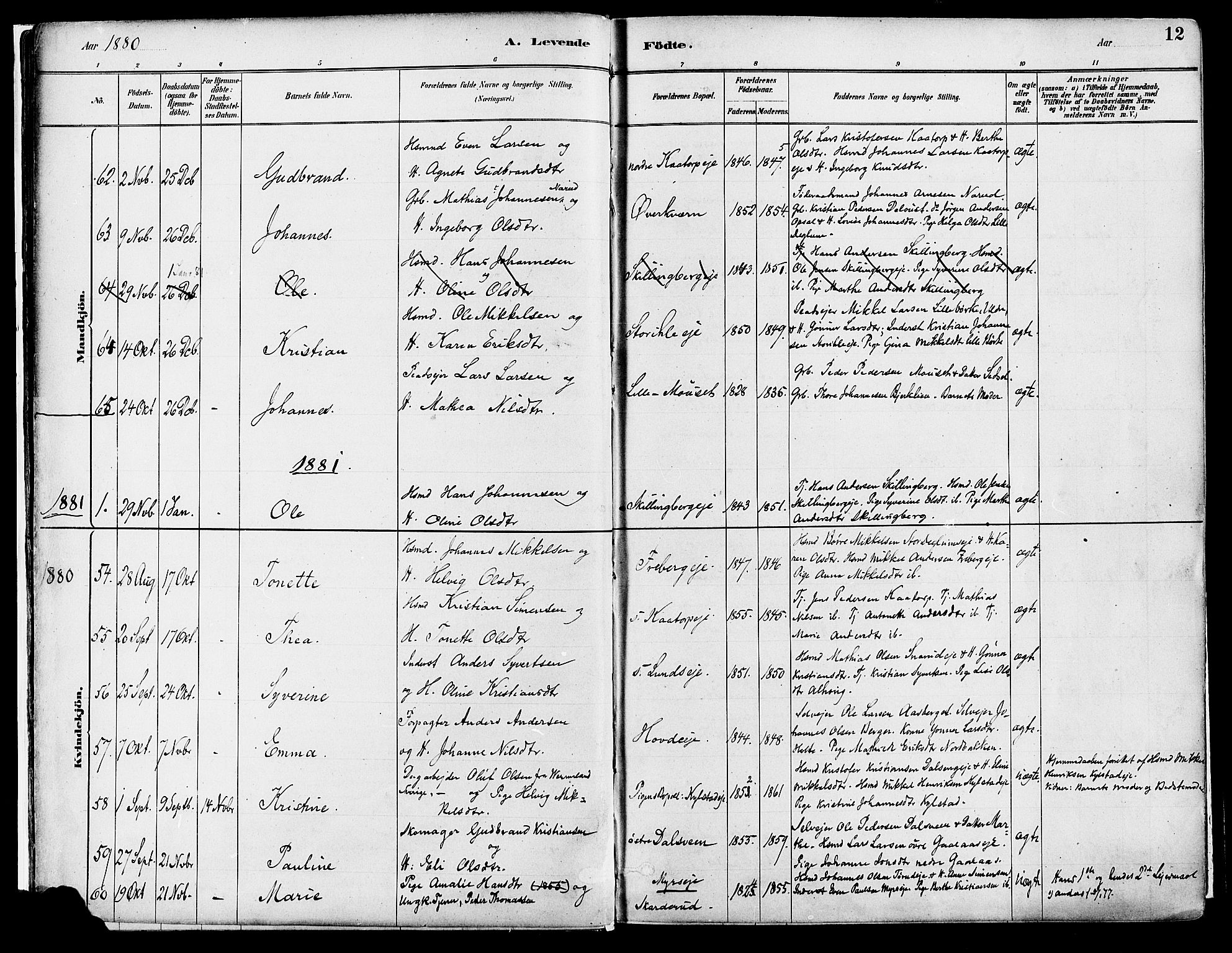 Vang prestekontor, Hedmark, AV/SAH-PREST-008/H/Ha/Haa/L0018A: Parish register (official) no. 18A, 1880-1906, p. 12