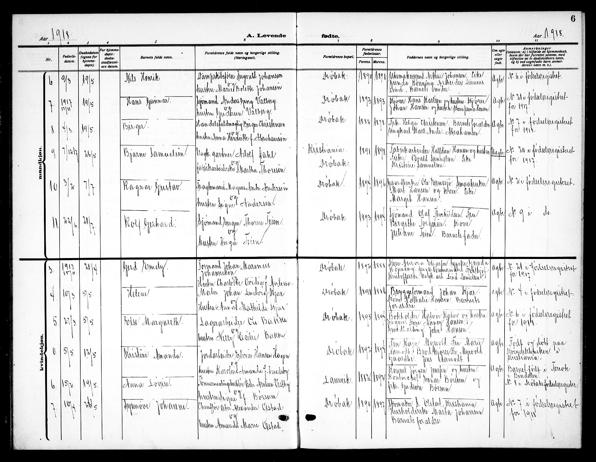 Drøbak prestekontor Kirkebøker, AV/SAO-A-10142a/G/Ga/L0002: Parish register (copy) no. I 2, 1917-1932, p. 6