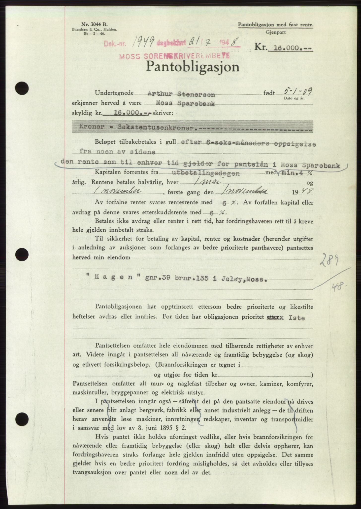 Moss sorenskriveri, AV/SAO-A-10168: Mortgage book no. B20, 1948-1948, Diary no: : 1949/1948