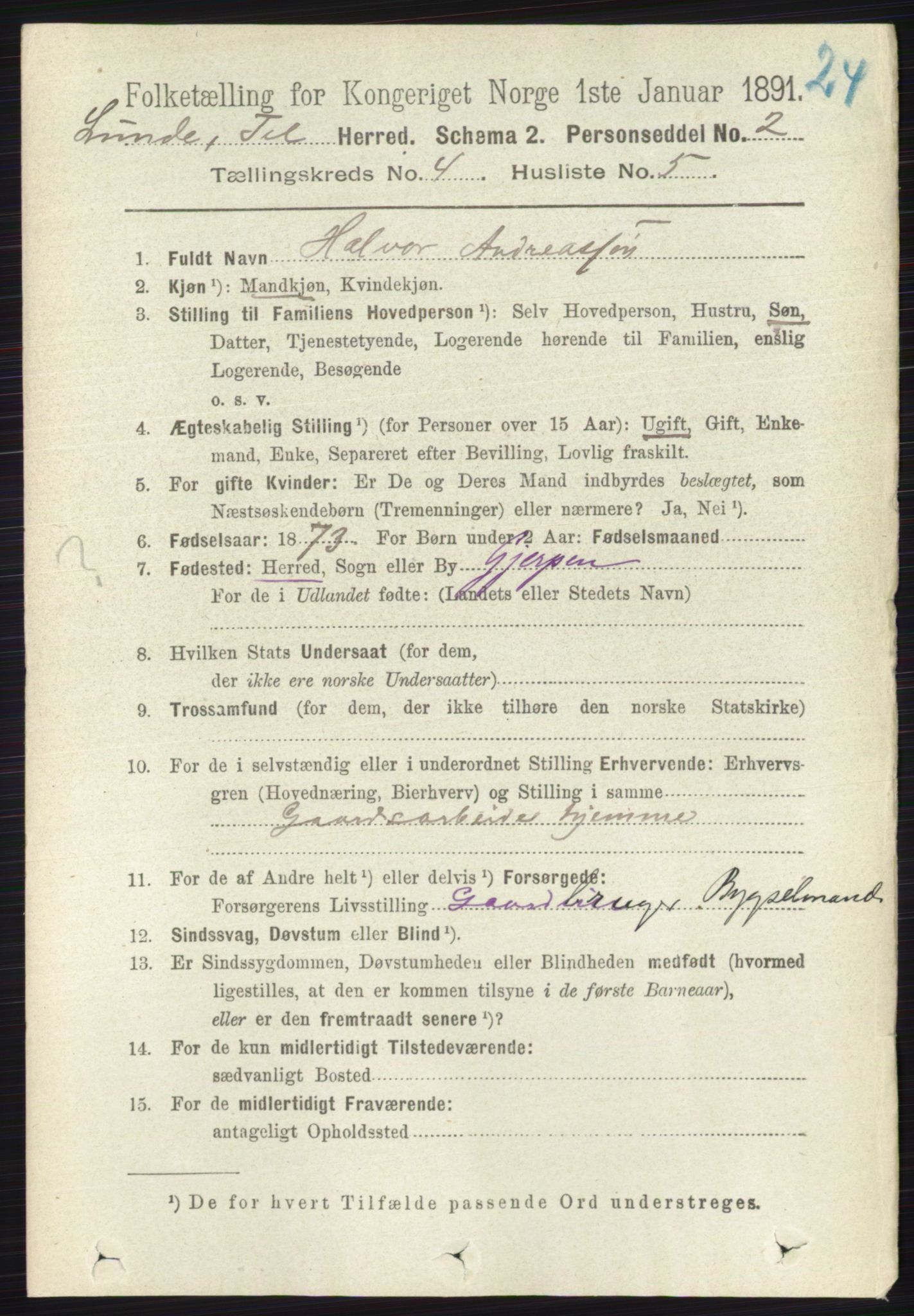RA, 1891 census for 0820 Lunde, 1891, p. 1171