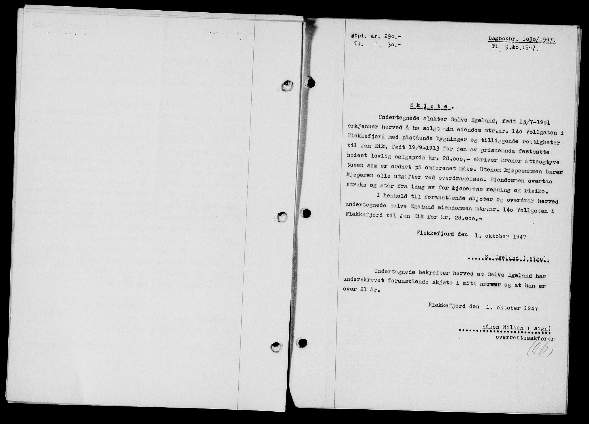 Flekkefjord sorenskriveri, SAK/1221-0001/G/Gb/Gba/L0062: Mortgage book no. A-10, 1947-1947, Diary no: : 1030/1947