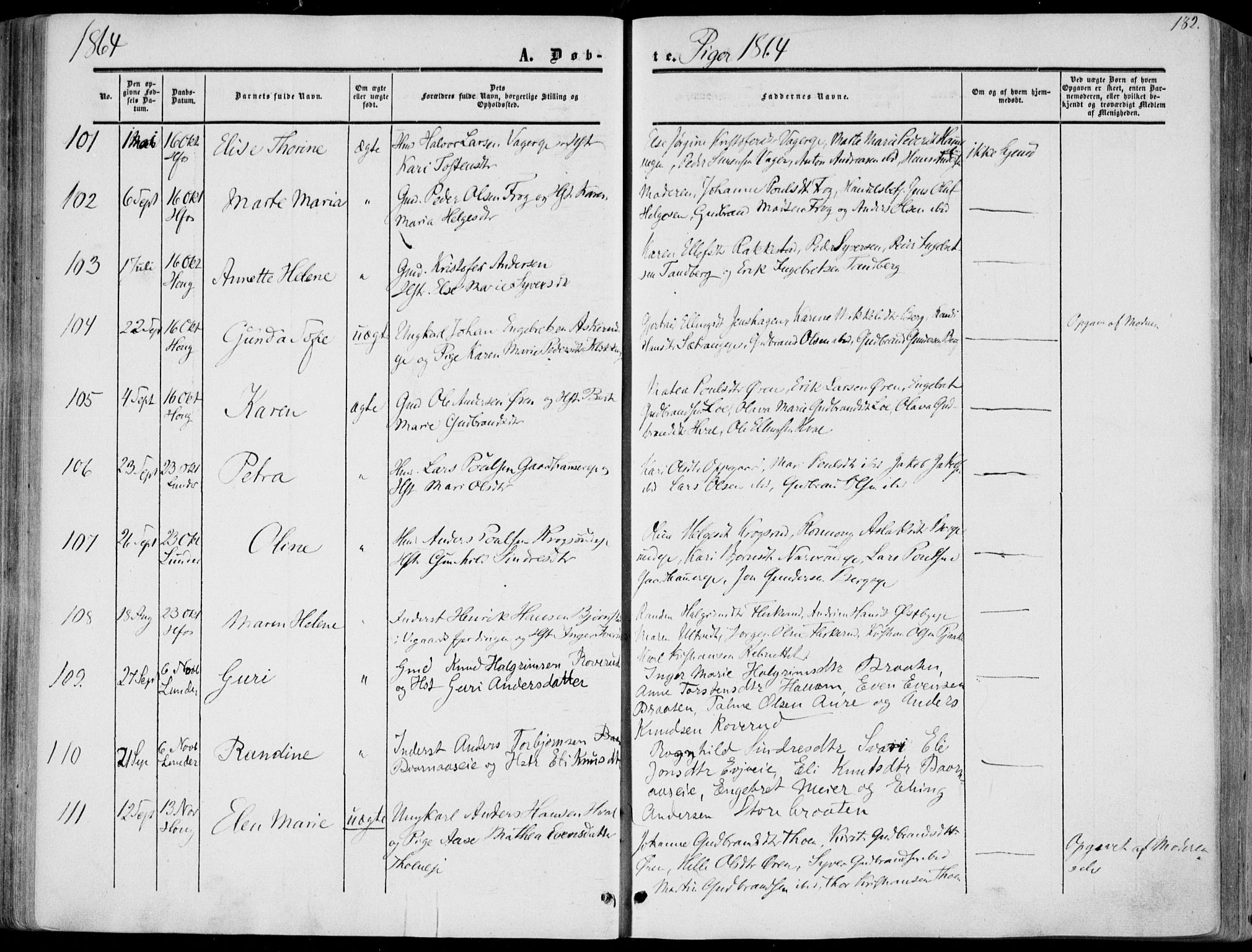 Norderhov kirkebøker, SAKO/A-237/F/Fa/L0012: Parish register (official) no. 12, 1856-1865, p. 182