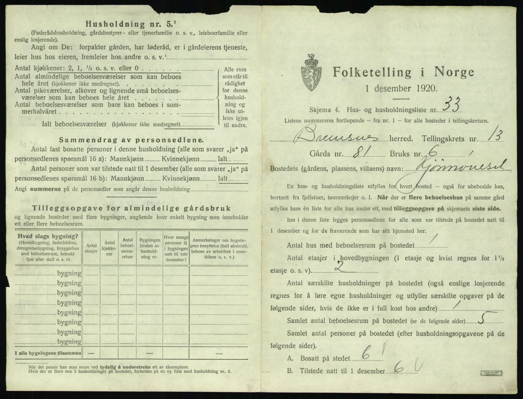 SAT, 1920 census for Bremsnes, 1920, p. 1483