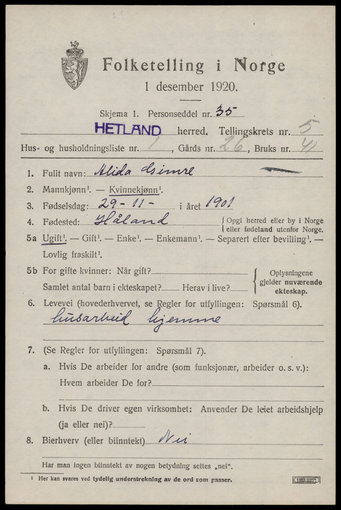 SAST, 1920 census for Hetland, 1920, p. 8219