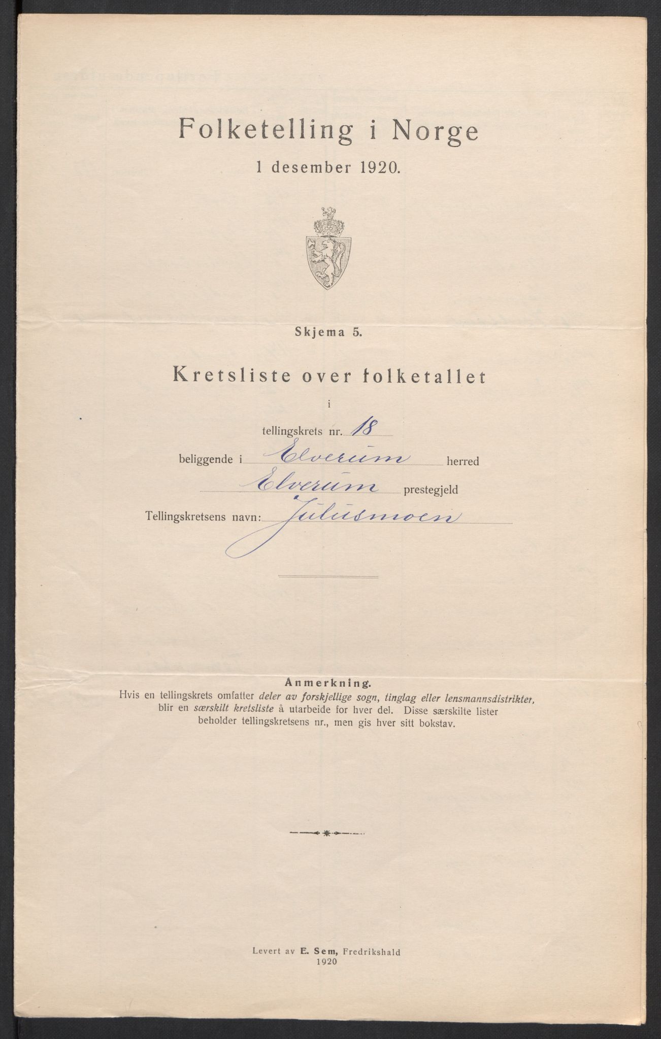 SAH, 1920 census for Elverum, 1920, p. 71
