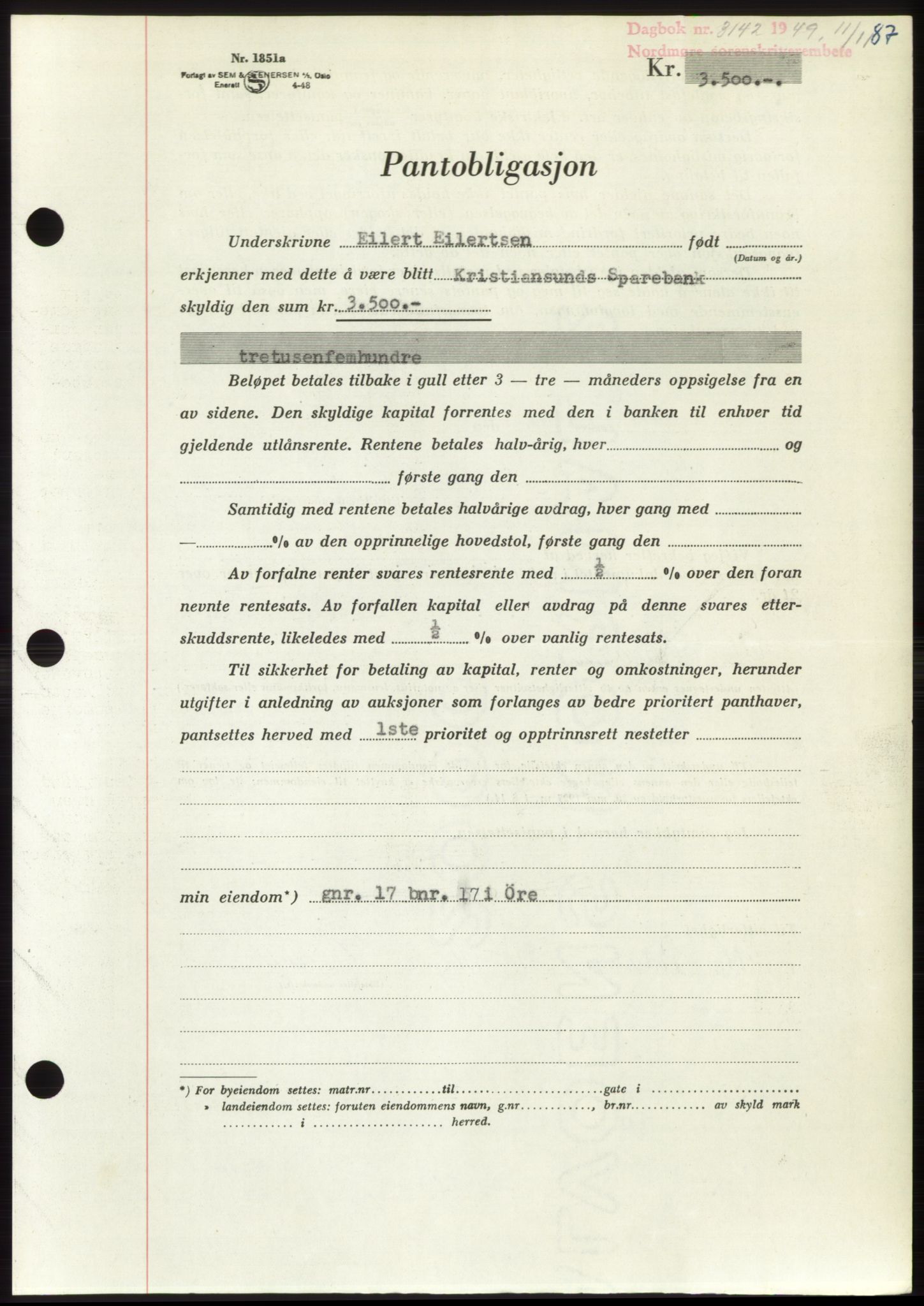 Nordmøre sorenskriveri, AV/SAT-A-4132/1/2/2Ca: Mortgage book no. B103, 1949-1950, Diary no: : 3142/1949