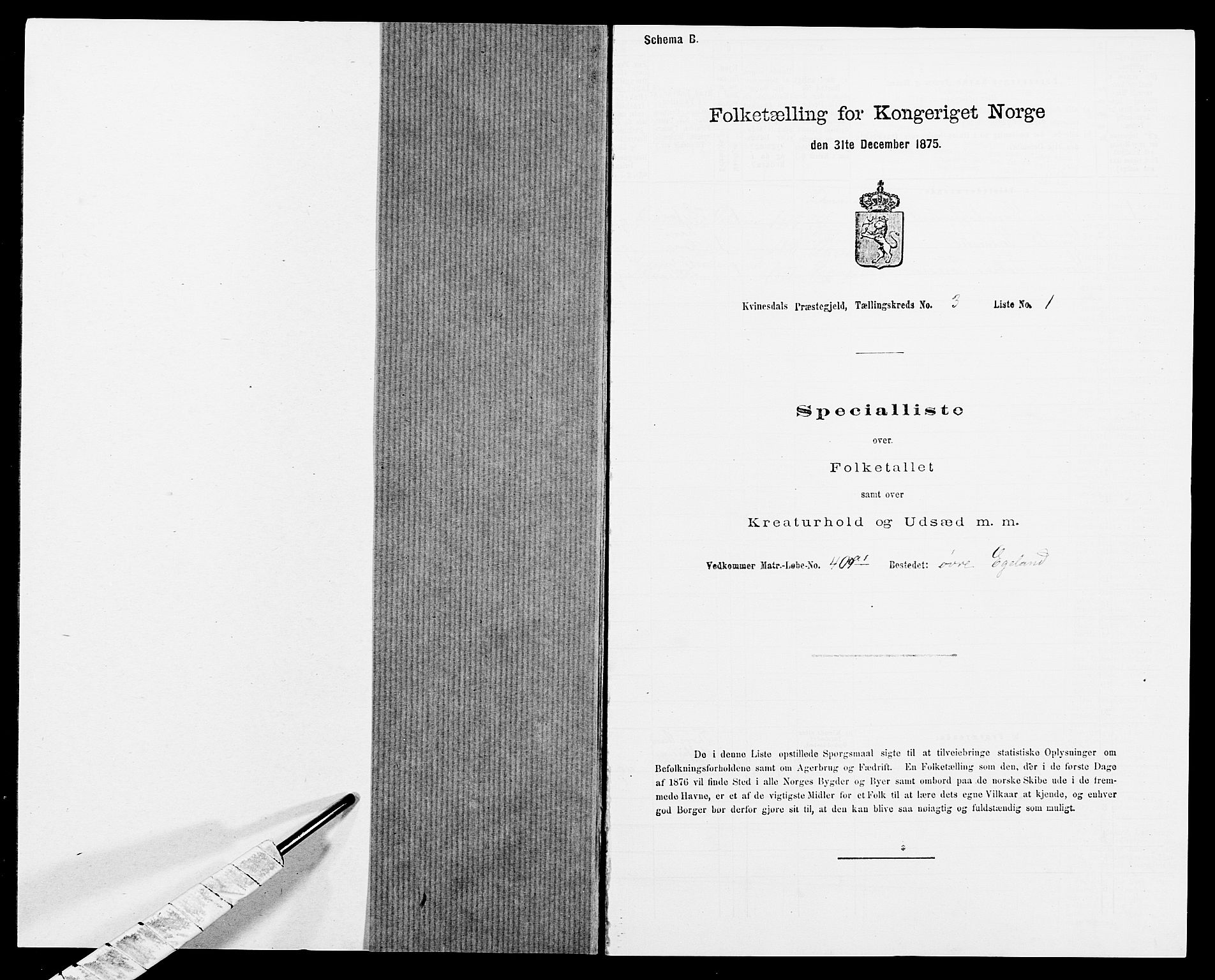 SAK, 1875 census for 1037P Kvinesdal, 1875, p. 426