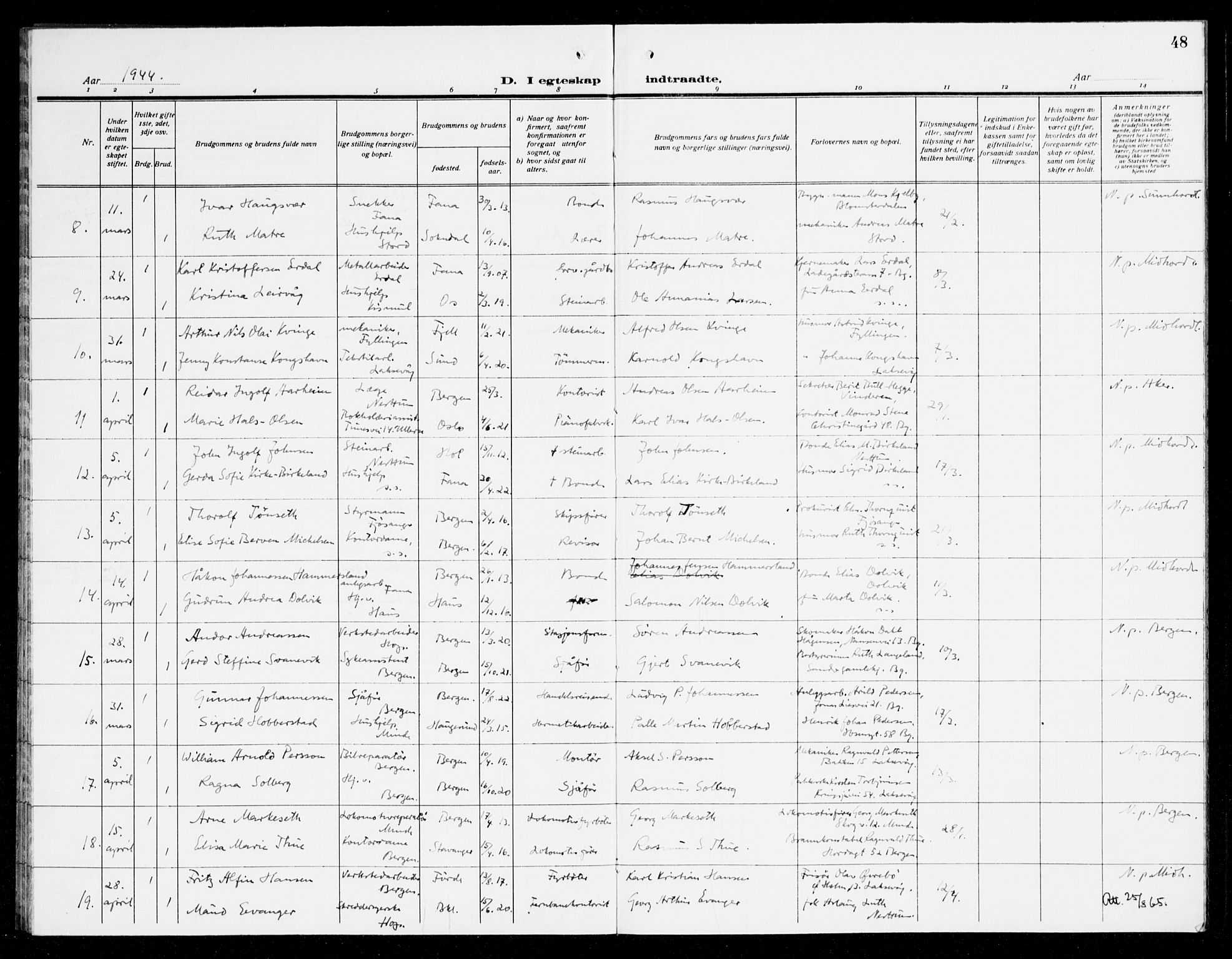 Fana Sokneprestembete, AV/SAB-A-75101/H/Haa/Haak/L0003: Parish register (official) no. K 3, 1938-1944, p. 48