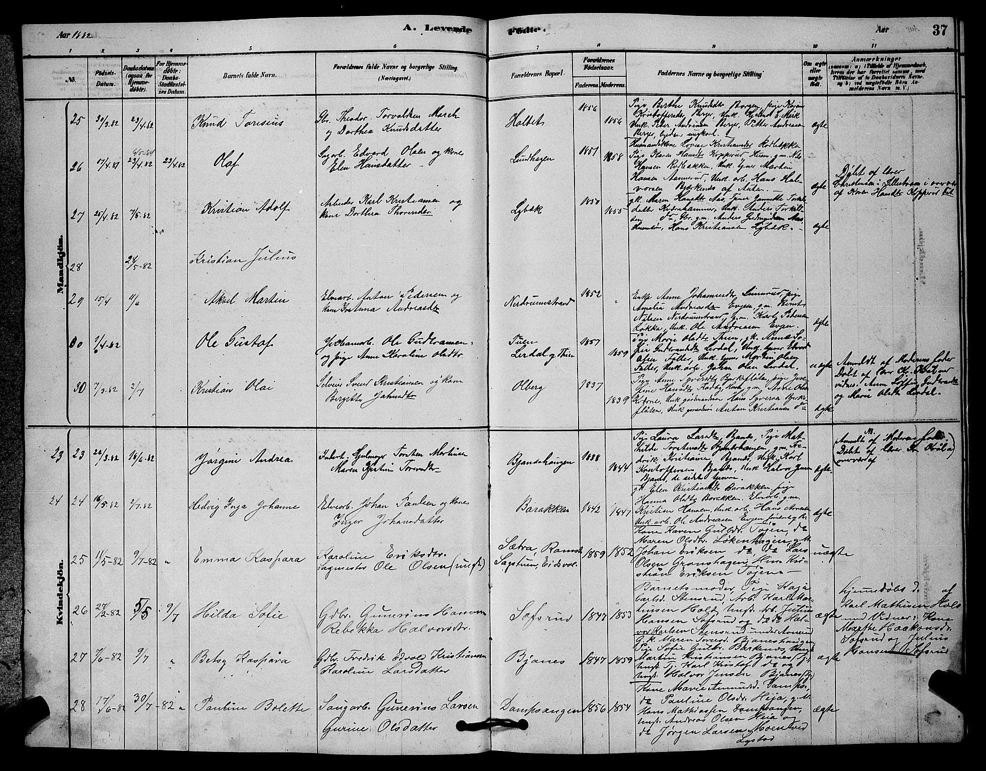 Fet prestekontor Kirkebøker, AV/SAO-A-10370a/G/Ga/L0006: Parish register (copy) no. I 6, 1878-1891, p. 37