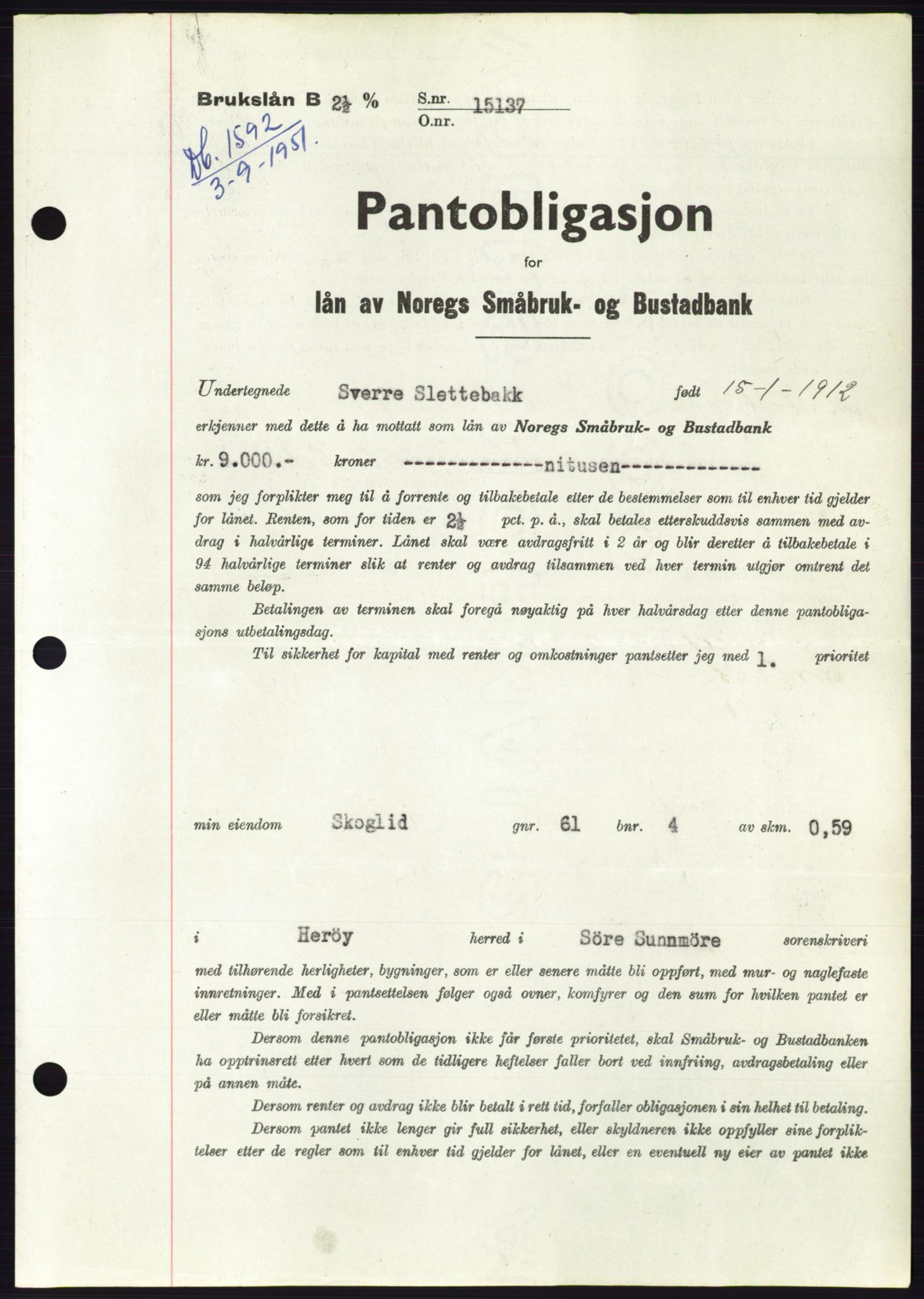 Søre Sunnmøre sorenskriveri, AV/SAT-A-4122/1/2/2C/L0120: Mortgage book no. 8B, 1951-1951, Diary no: : 1592/1951