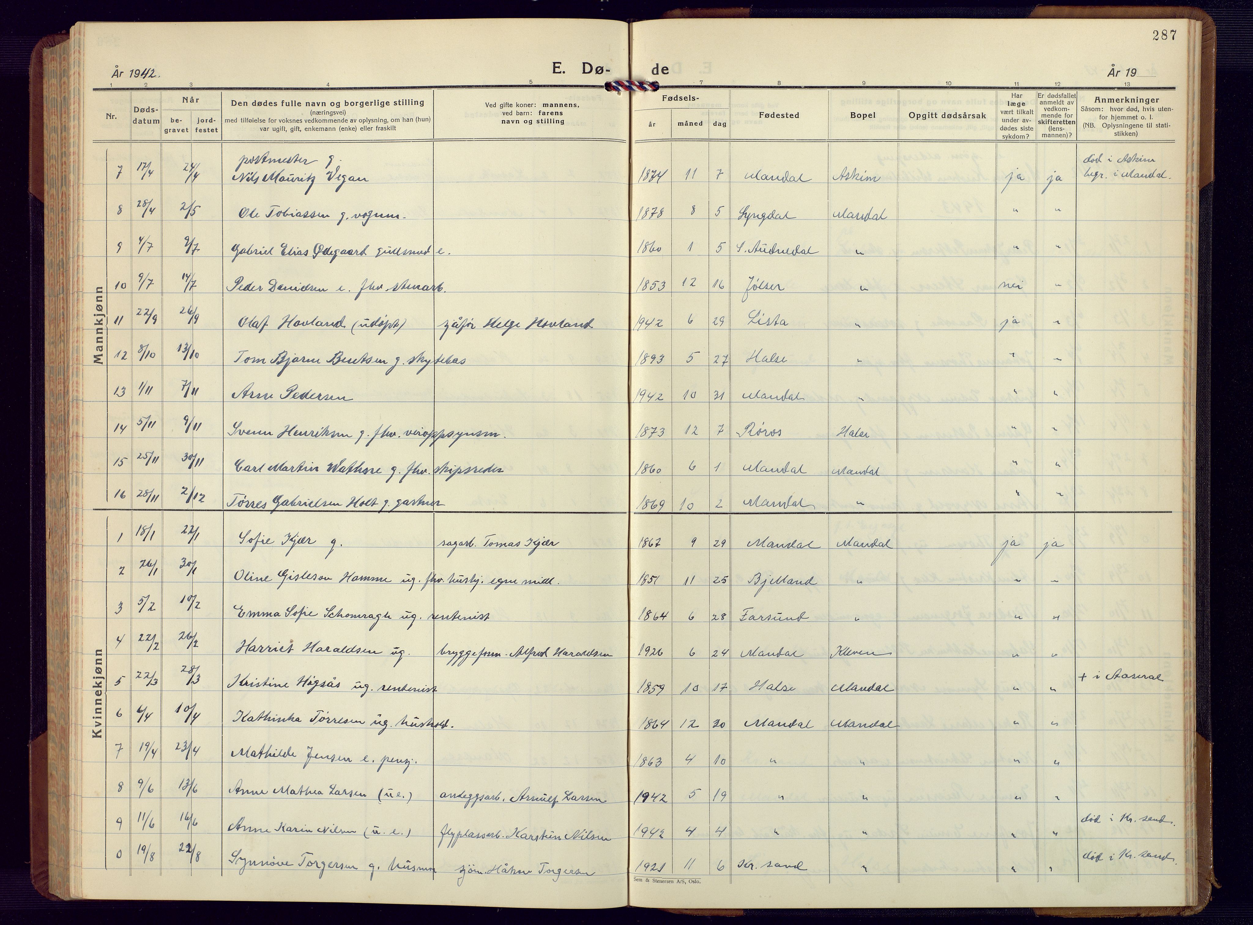 Mandal sokneprestkontor, SAK/1111-0030/F/Fb/Fbc/L0002: Parish register (copy) no. B 2, 1931-1949, p. 287