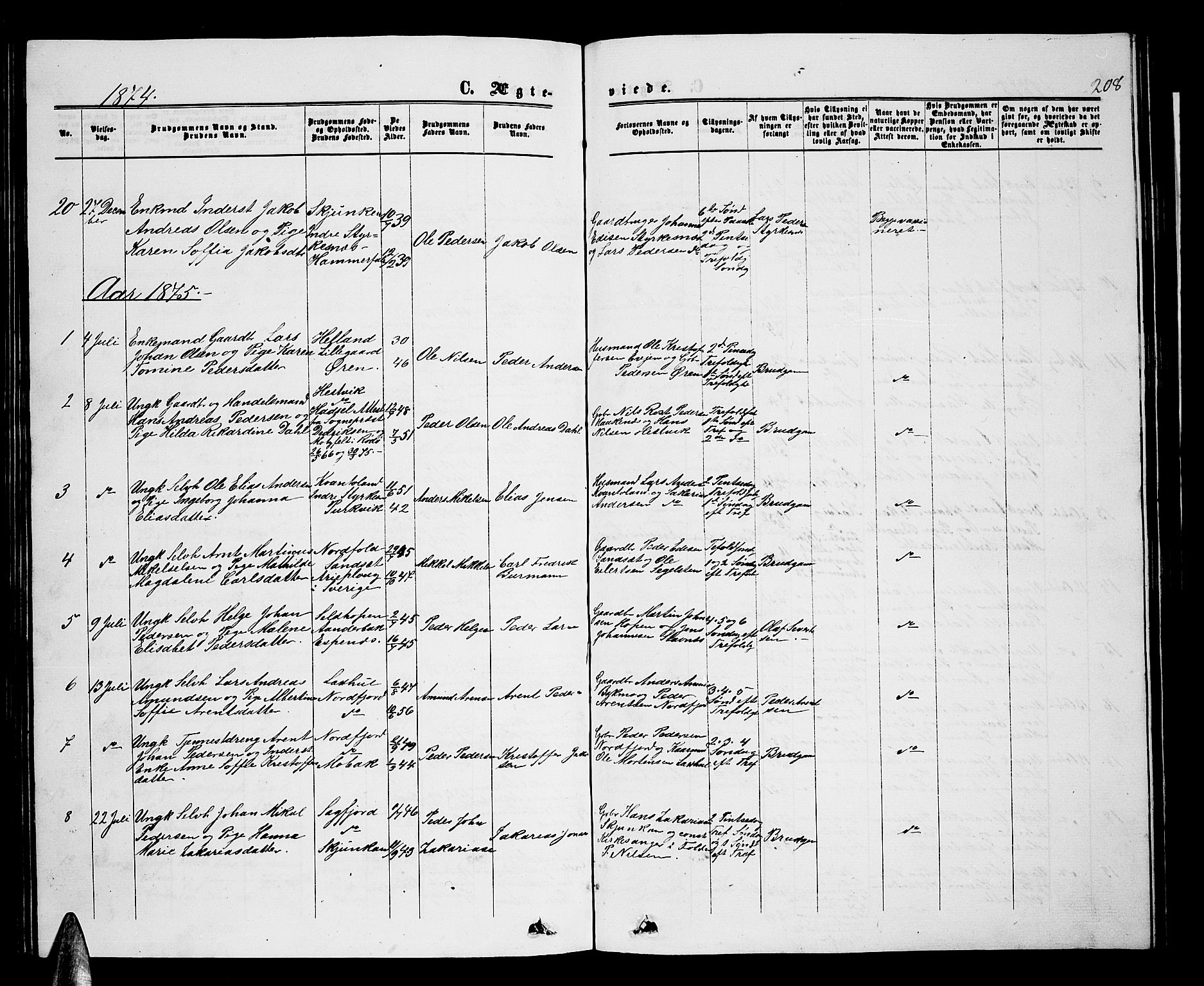 Ministerialprotokoller, klokkerbøker og fødselsregistre - Nordland, AV/SAT-A-1459/853/L0775: Parish register (copy) no. 853C03, 1859-1877, p. 208